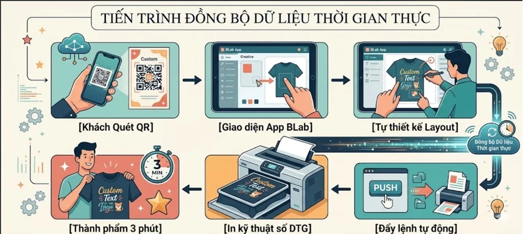 Tiến trình đồng bộ hình ảnh cá nhân vào phần mềm BLab và gửi xuống máy in DTG, in lấy ngay trong 3 phút, Bros United