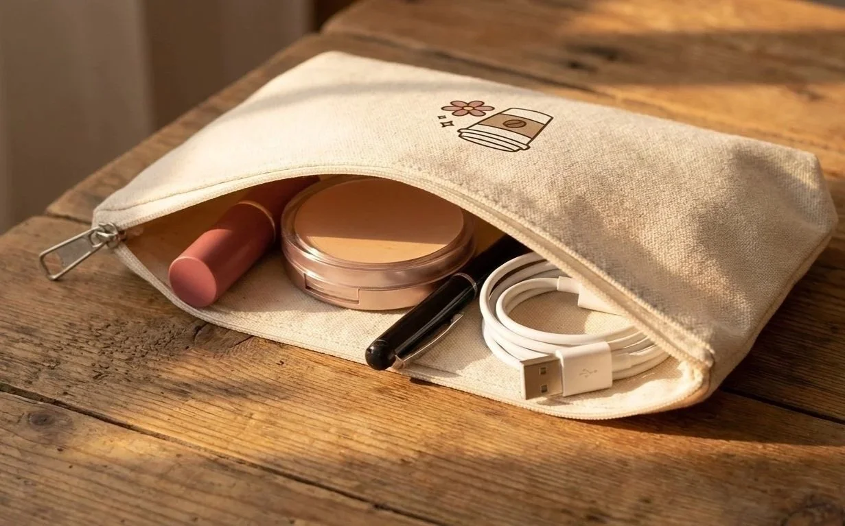 Túi đựng mỹ phẩm vải canvas nhỏ gọn giúp sắp xếp vật dụng cá nhân ngăn nắp.