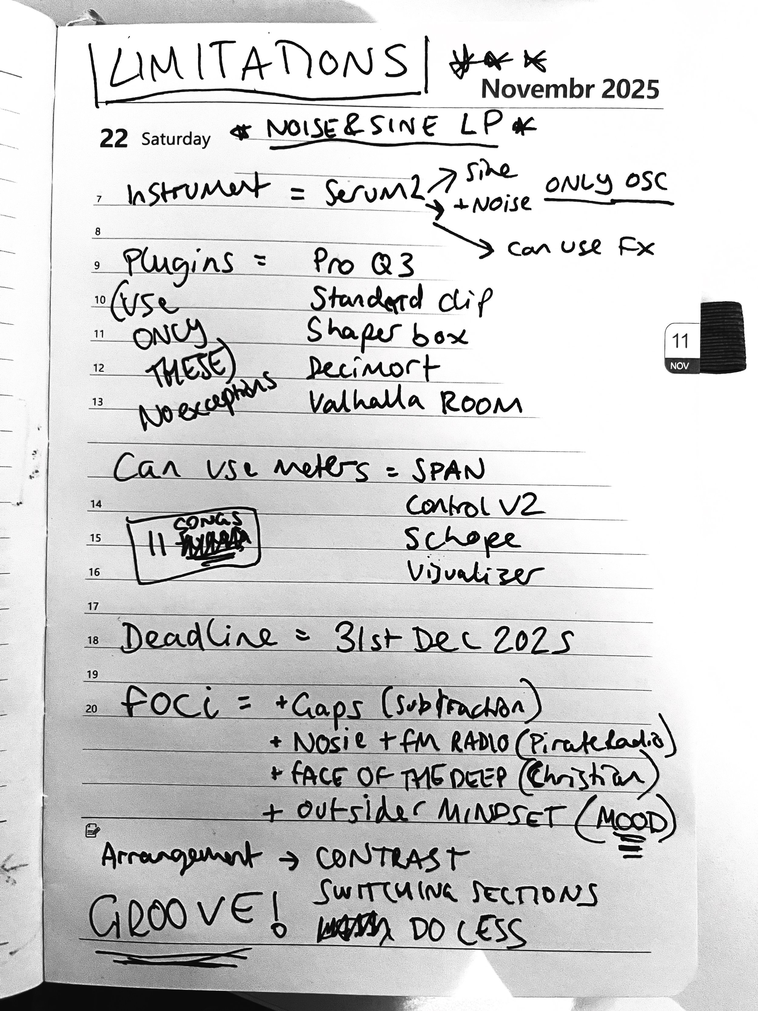 An image that shows one page in a diary outlining the idea for the album in a hand written note.