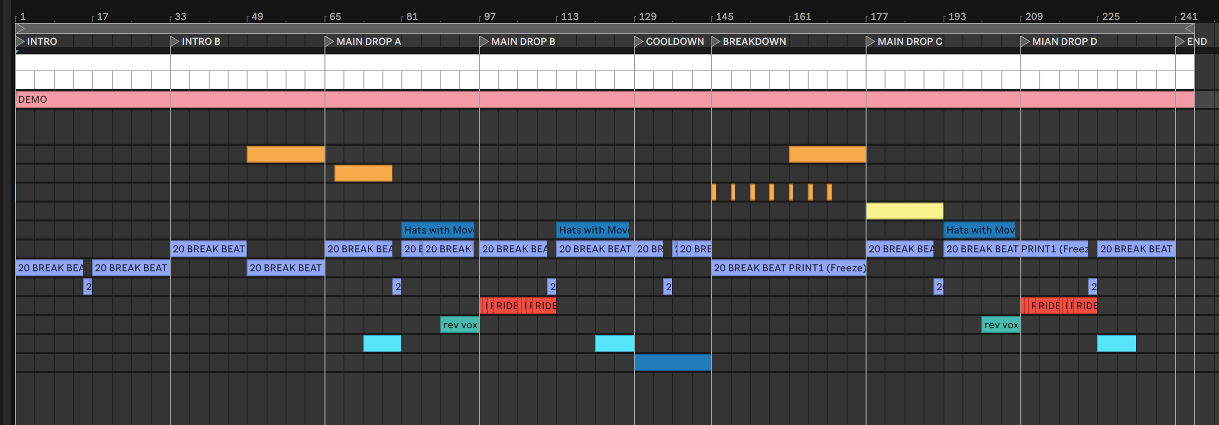 An image of Ableton Live, showing that I have used another track as inspiration for my arrangement ideas for drums