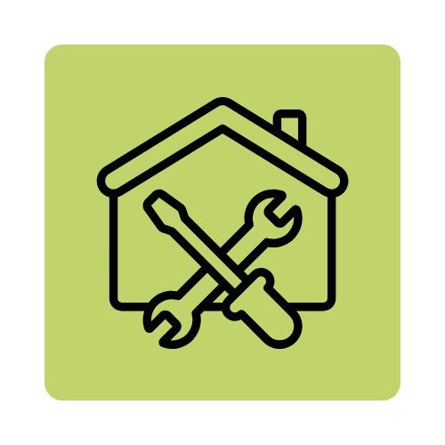 Icon of a house with a screwdriver and wrench crossed in front, symbolizing home repair or maintenance.