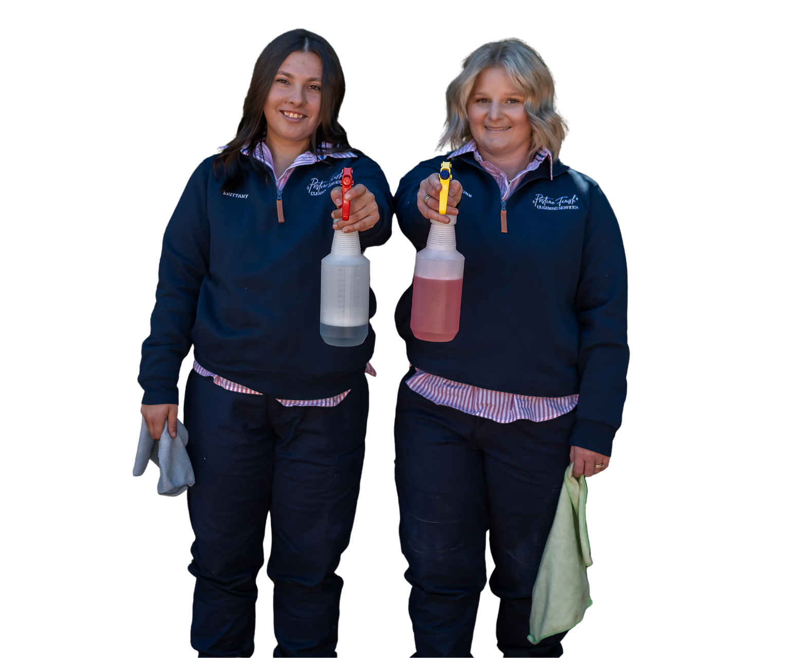 Western NSW cleaners matching uniforms holding cleaning spray bottles and cleaning cloths.