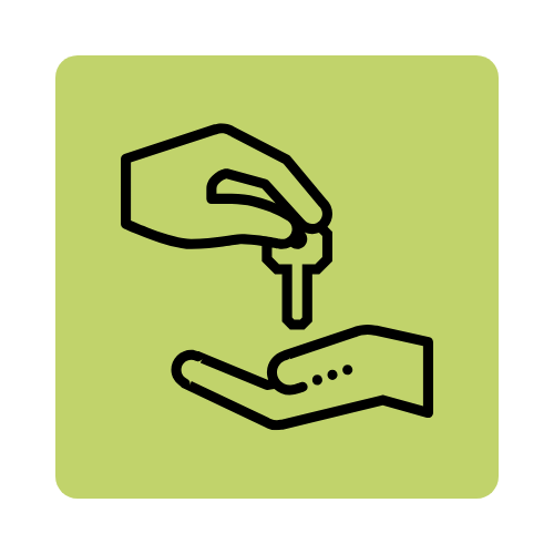 Outline icon of a hand dropping a key into another open hand against a green background.