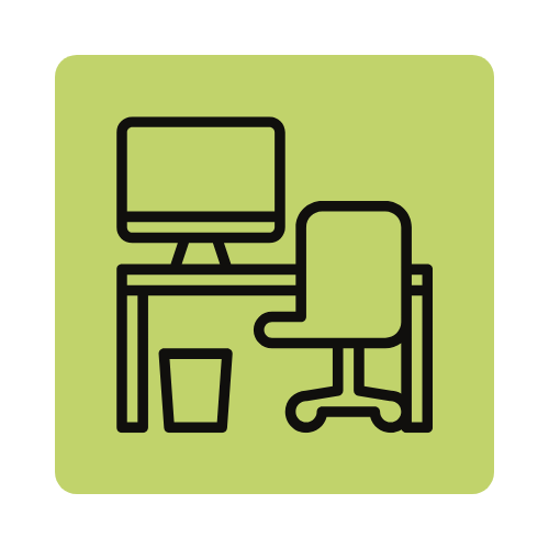 Line drawing of a computer on a desk with a chair, a trash bin, and a green background.