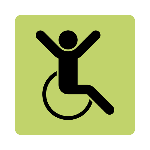 Accessibility icon of a person in a wheelchair with arms raised, on a green background.