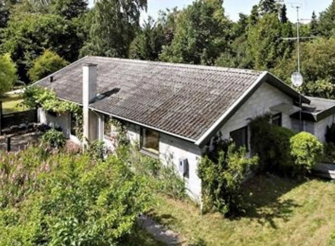 A single-story house with a sloped roof surrounded by trees and greenery.