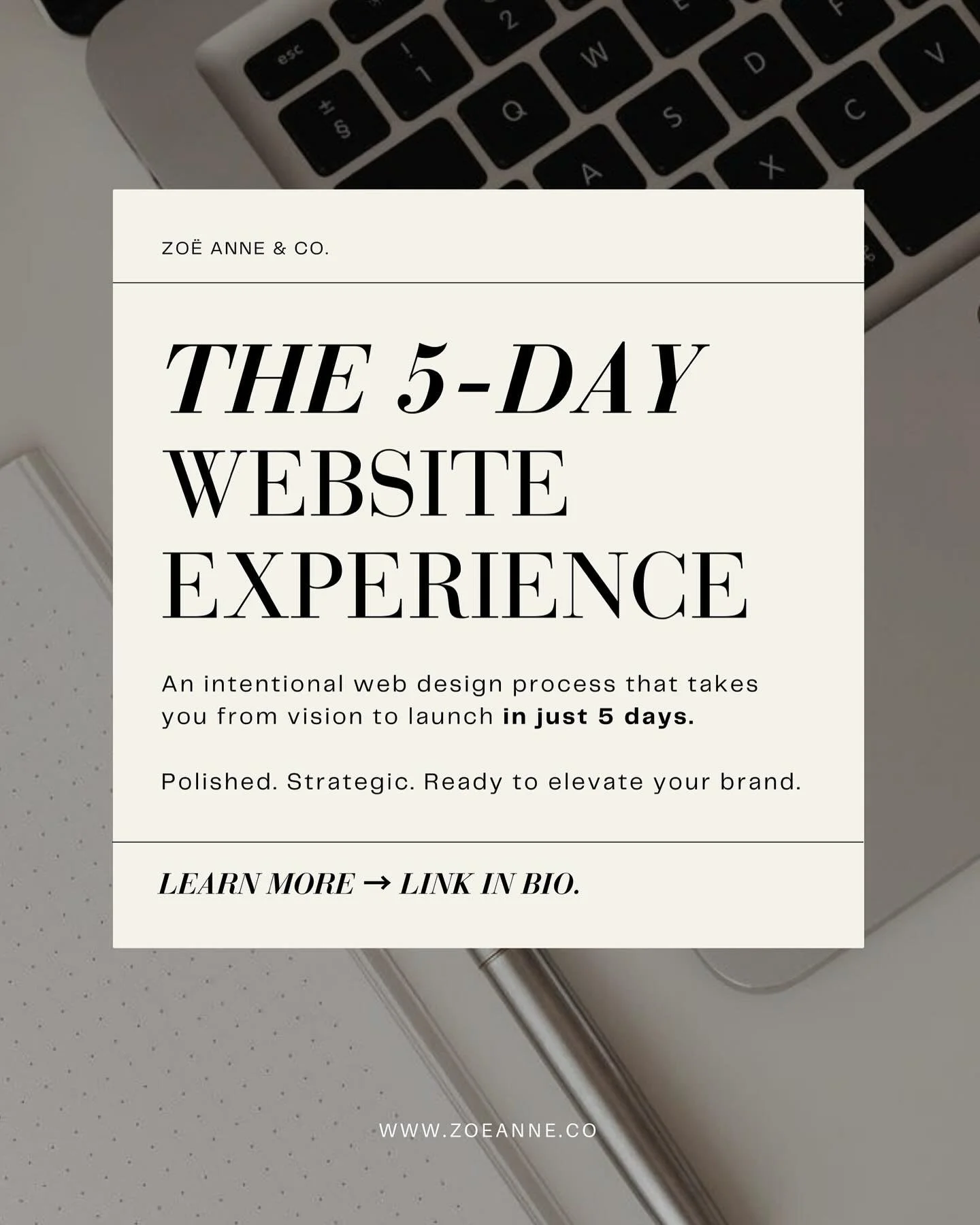 We&rsquo;re officially launching The 5-Day Website Experience: an accelerated, high-impact web design process that takes you from strategy to a fully launched, polished website in 5 DAYS. 💻

Here&rsquo;s how it works:
➝ Day 1: Strategy and brand ali
