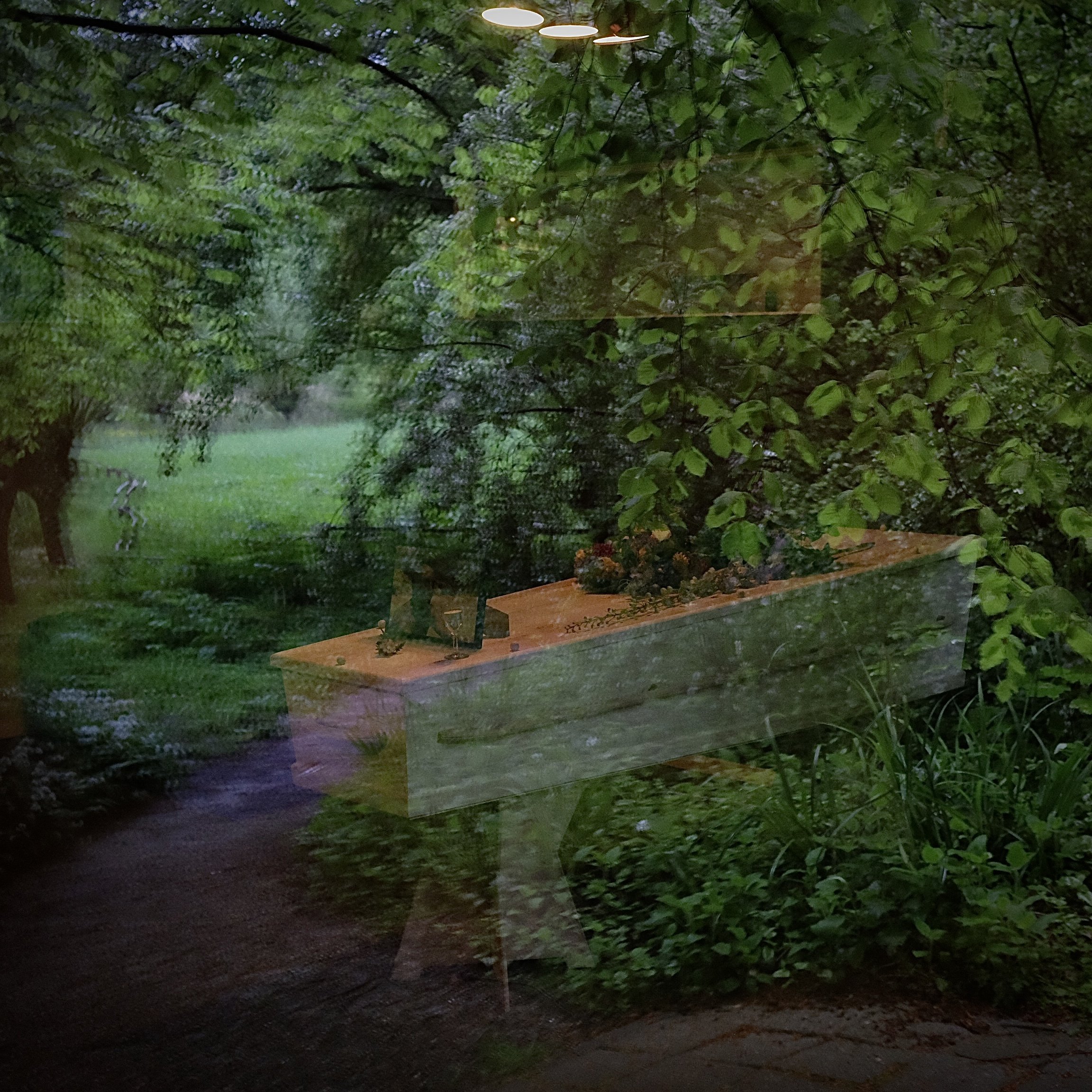 Reflectie van een bos met groenbladige bomen en een tuin met een houten tafel en bloemen in een raampositie.