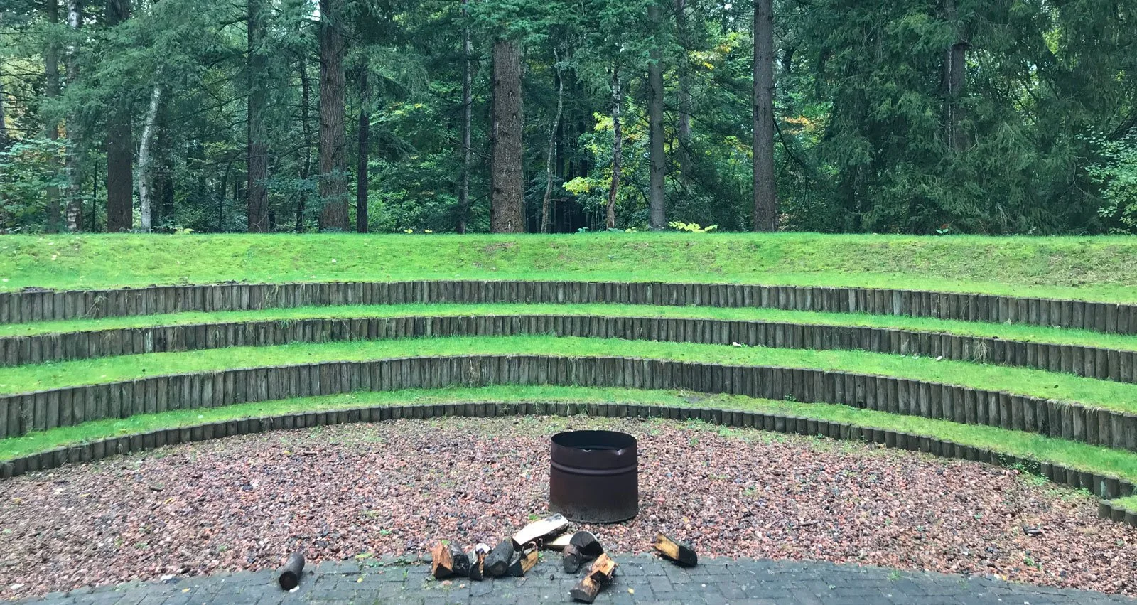 Een openlucht podium met houten banken en een vuurkorf, omringd door een dennenbos.