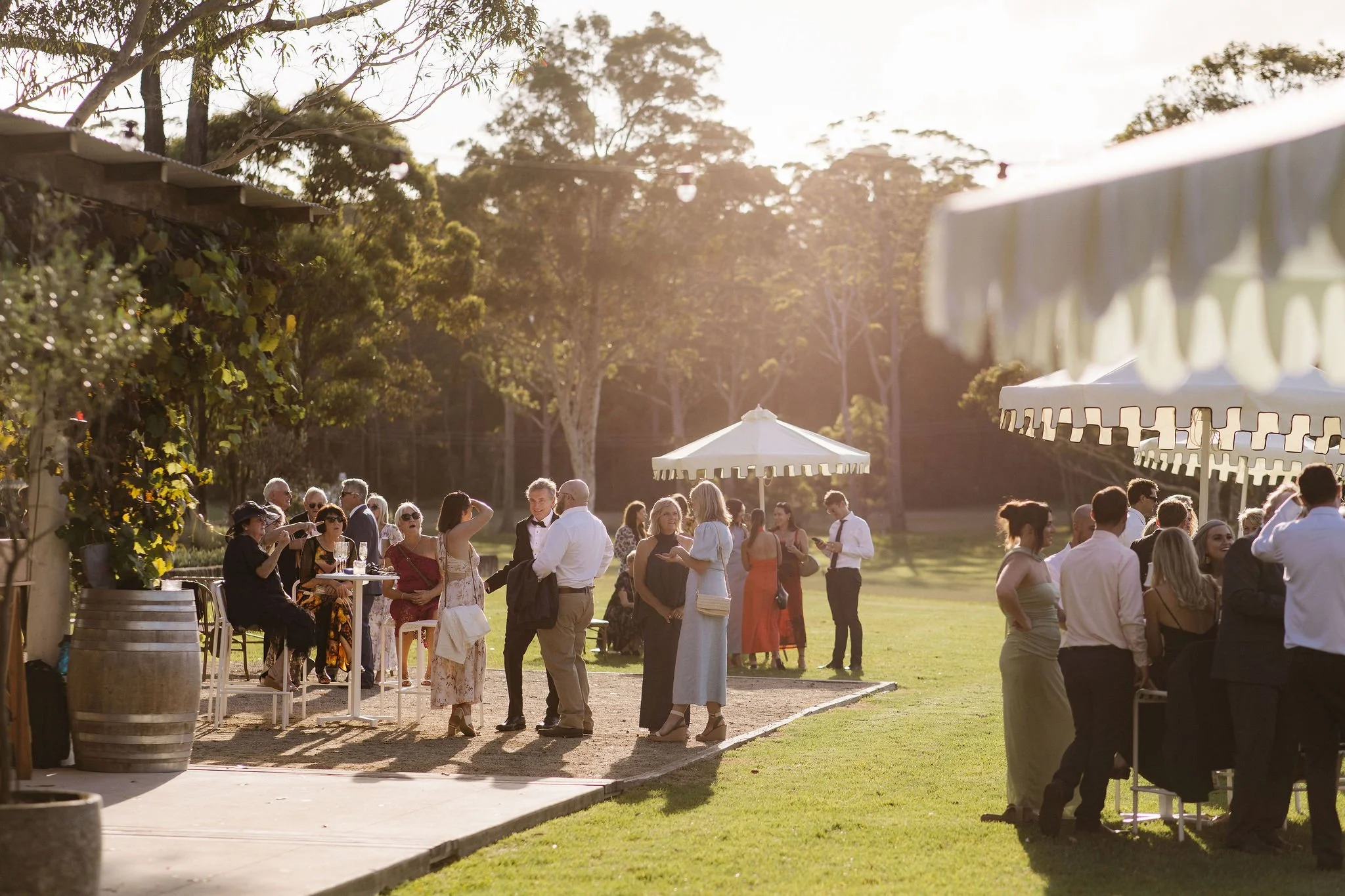 People socializing outdoors during a late afternoon event with umbrellas and trees in the background.