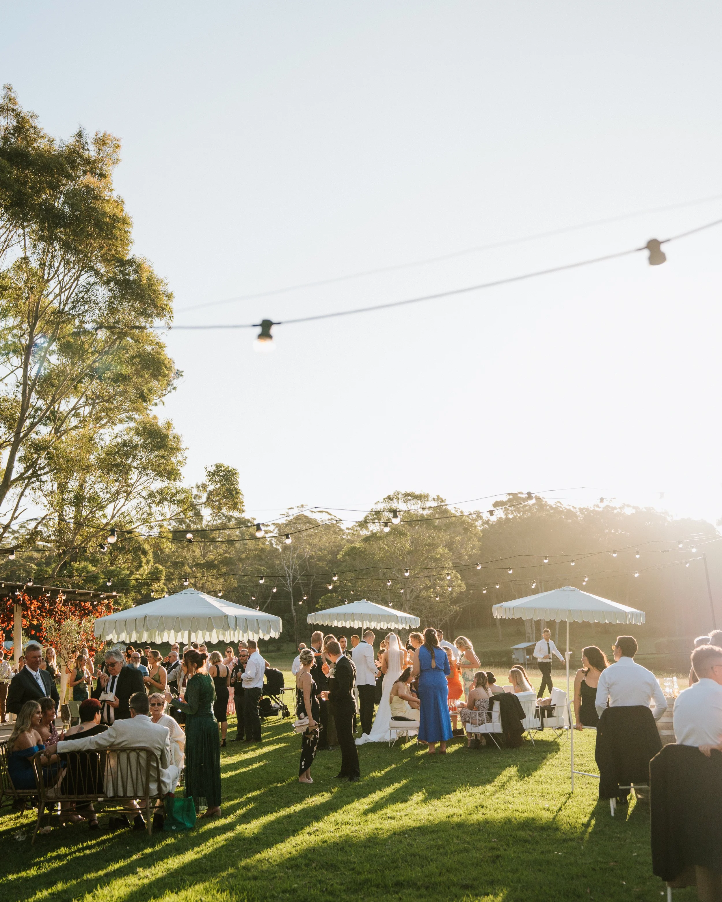 Outdoor wedding reception with guests socializing under white umbrellas on a grassy lawn, with string lights overhead and the setting sun in the background.