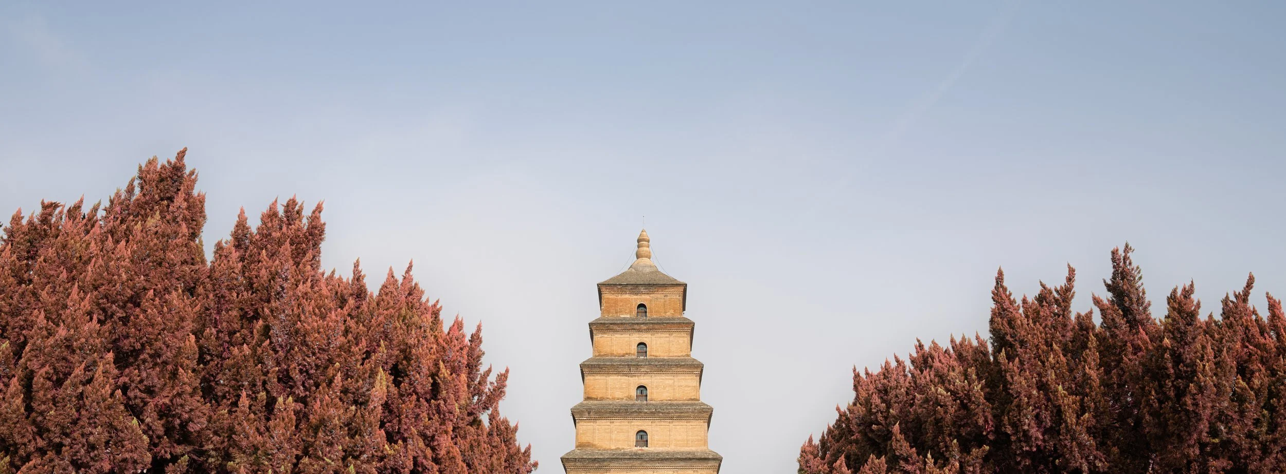 Giant Wild Goose Pagoda, Xi'an: Raised to hold the scriptures that became Journey to the West, the pagoda stands in soft daylight between autumn reds, a resting place for stories that never stopped traveling.