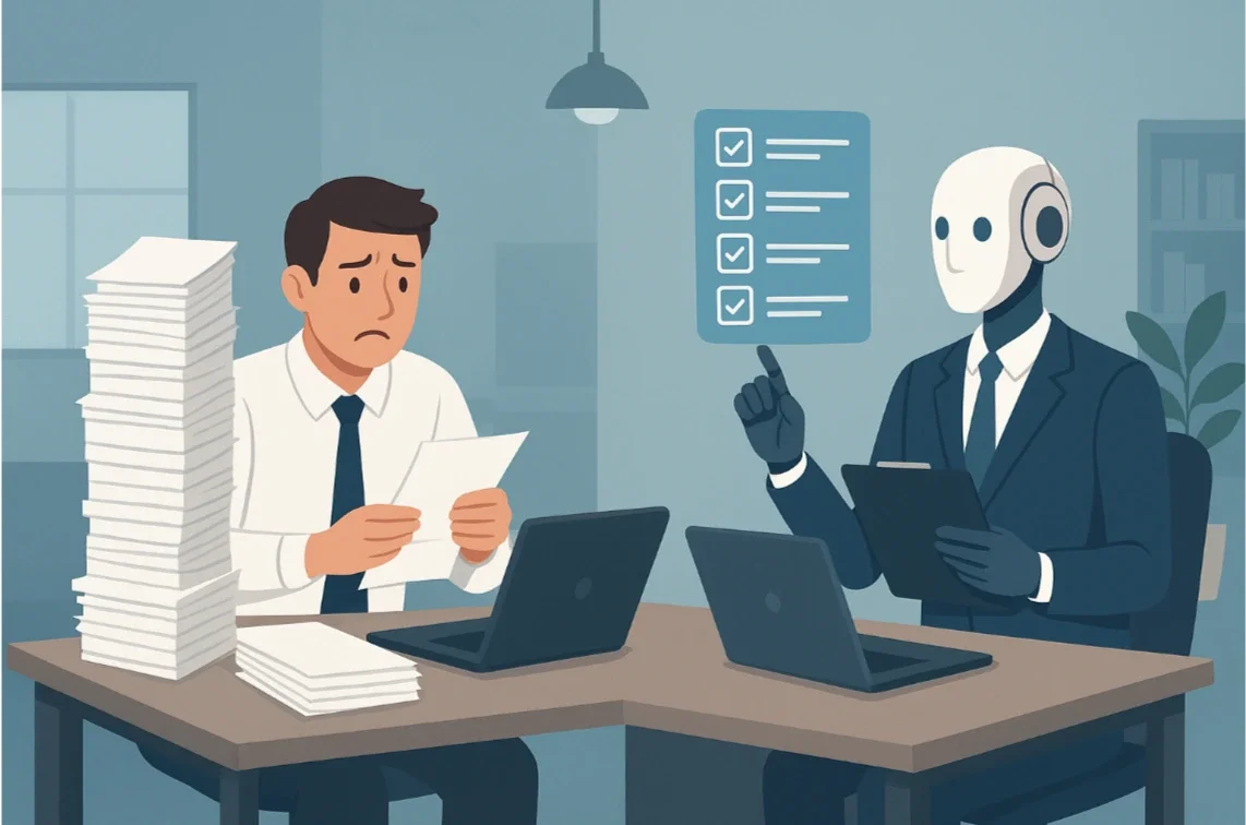 Un hombre preocupado revisando papeles y una pila de documentos en su mesa, mientras un robot con rostro humano y vestimenta formal le da instrucciones usando una pantalla de lista de verificación, en un ambiente de oficina.