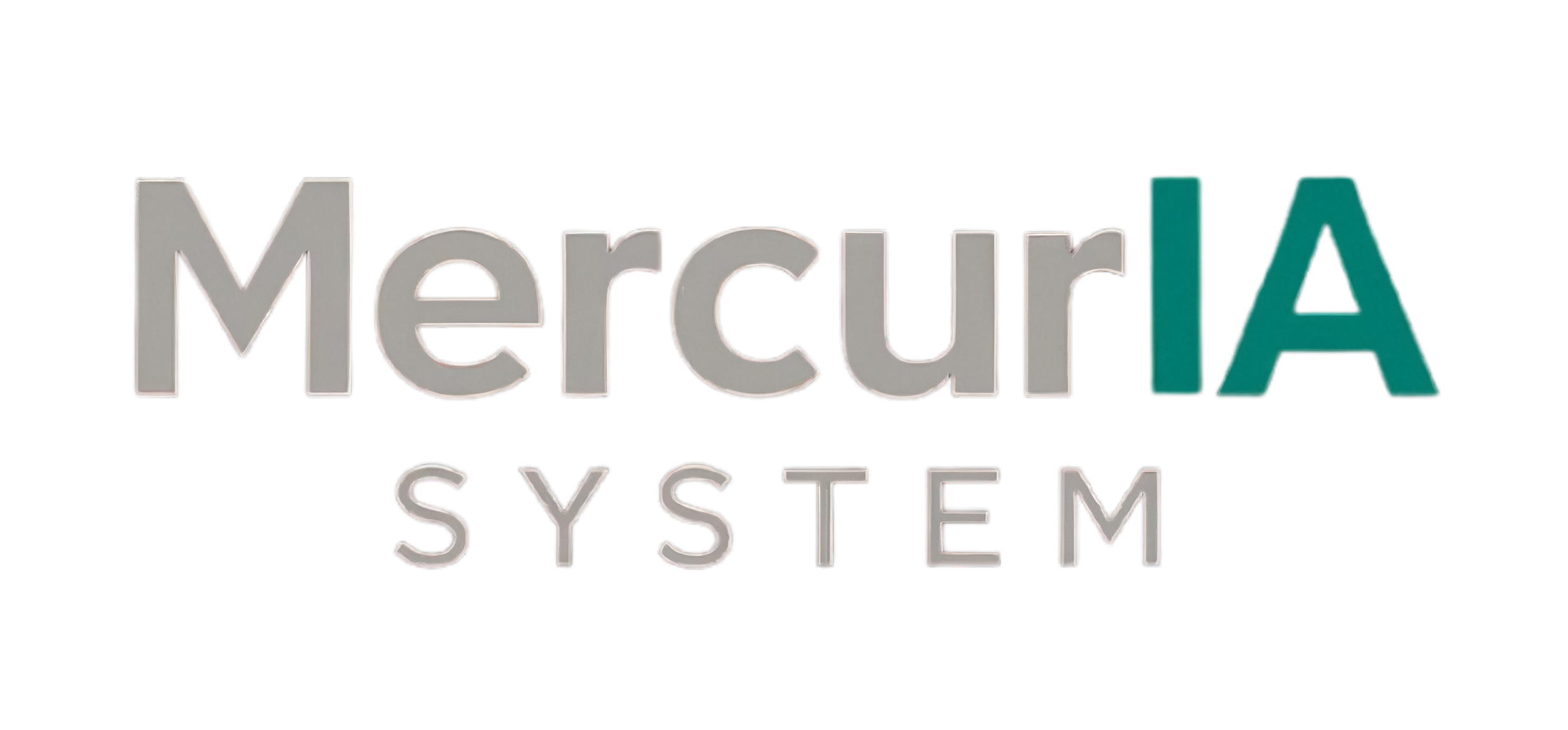 Texto en 3D que dice 'MercurIA SYSTEM' con letras grandes y de colores gris y verde sobre fondo blanco