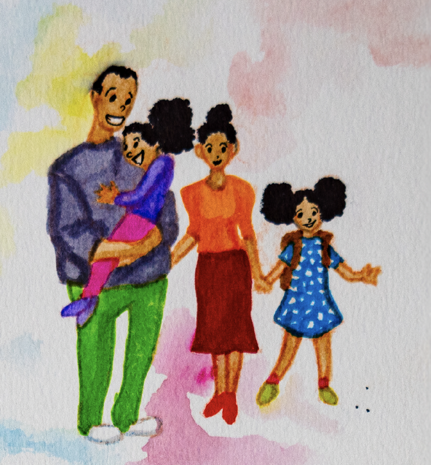 Watercolor painting of a family of four smiling, holding hands, and walking outdoors with colorful sky background.