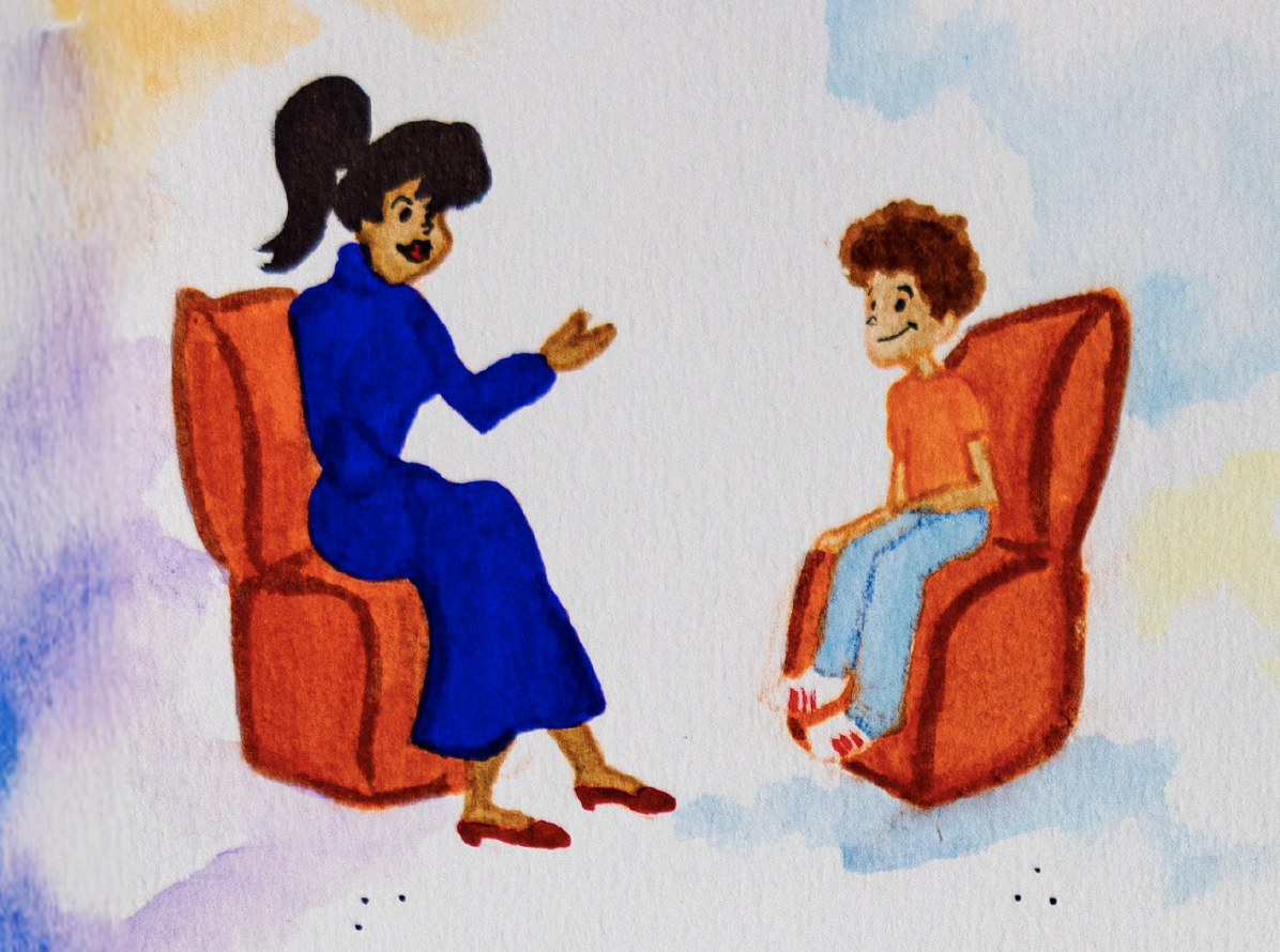 A woman and a boy sitting on orange chairs facing each other, engaging in conversation. The woman is wearing a blue dress and red shoes, and the boy is wearing an orange shirt, blue jeans, and red and white shoes.
