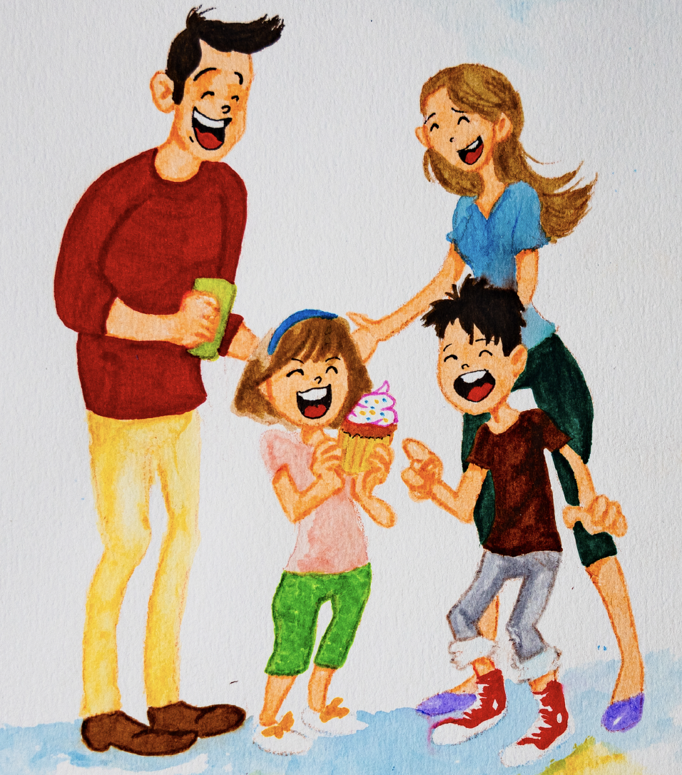 A cheerful family of five celebrating a birthday with a cupcake, all smiling and laughing.