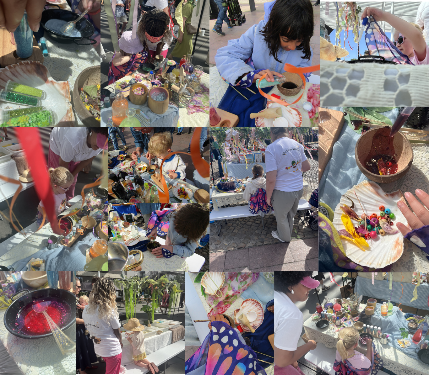 Kinderen en volwassenen die op een markt speelgoed, sieraden en handgemaakte items bekijken en kopen, met kraampjes en collecties van knutsel- en creatieve spullen.