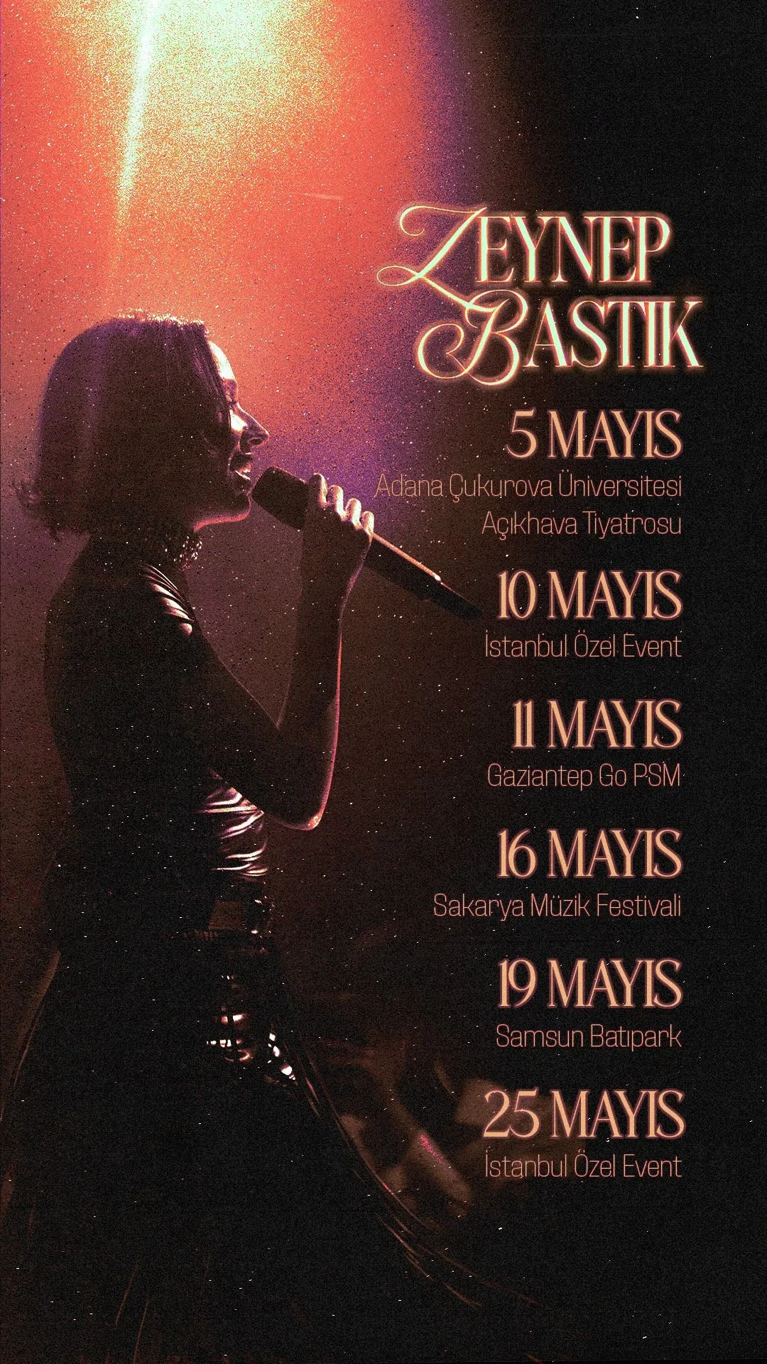 Event poster featuring Zeynep Bastık performing, with concert dates in May including May 5 at Adana University, May 10 in Istanbul, May 11 in Gaziantep, May 16 at Sakarya Music Festival, May 19 in Samsun, and May 25 in Istanbul.