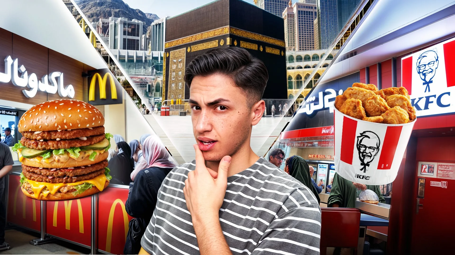 A collage of fast food and city scenes with a young man in the center. The collage includes a McDonald's sign with a large hamburger, a KFC bucket of fried chicken, and a cityscape with skyscrapers and the Kaaba in Mecca.