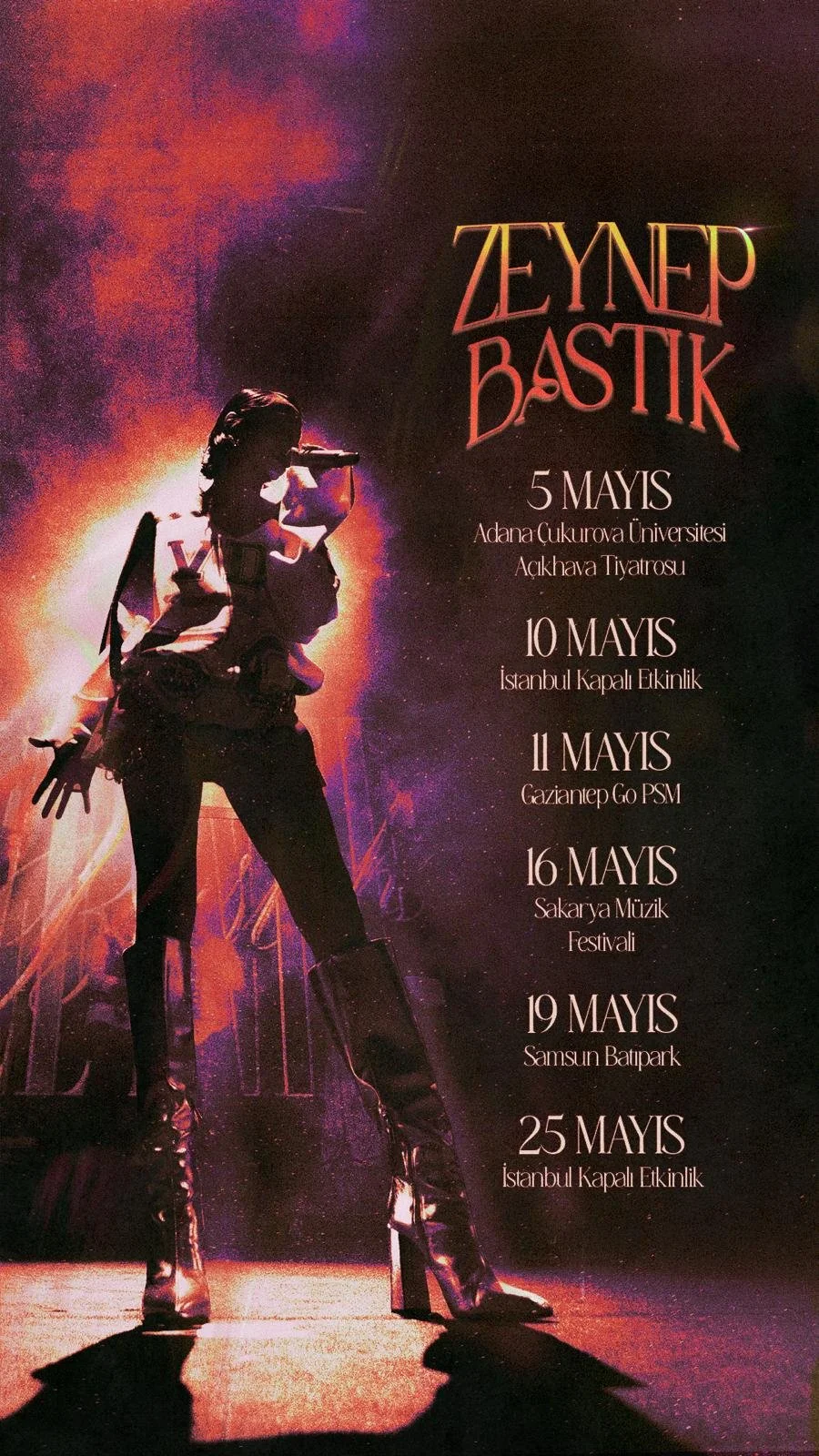 Poster featuring a silhouette of a female singer with a microphone on stage, with concert dates and locations listed on the right side.