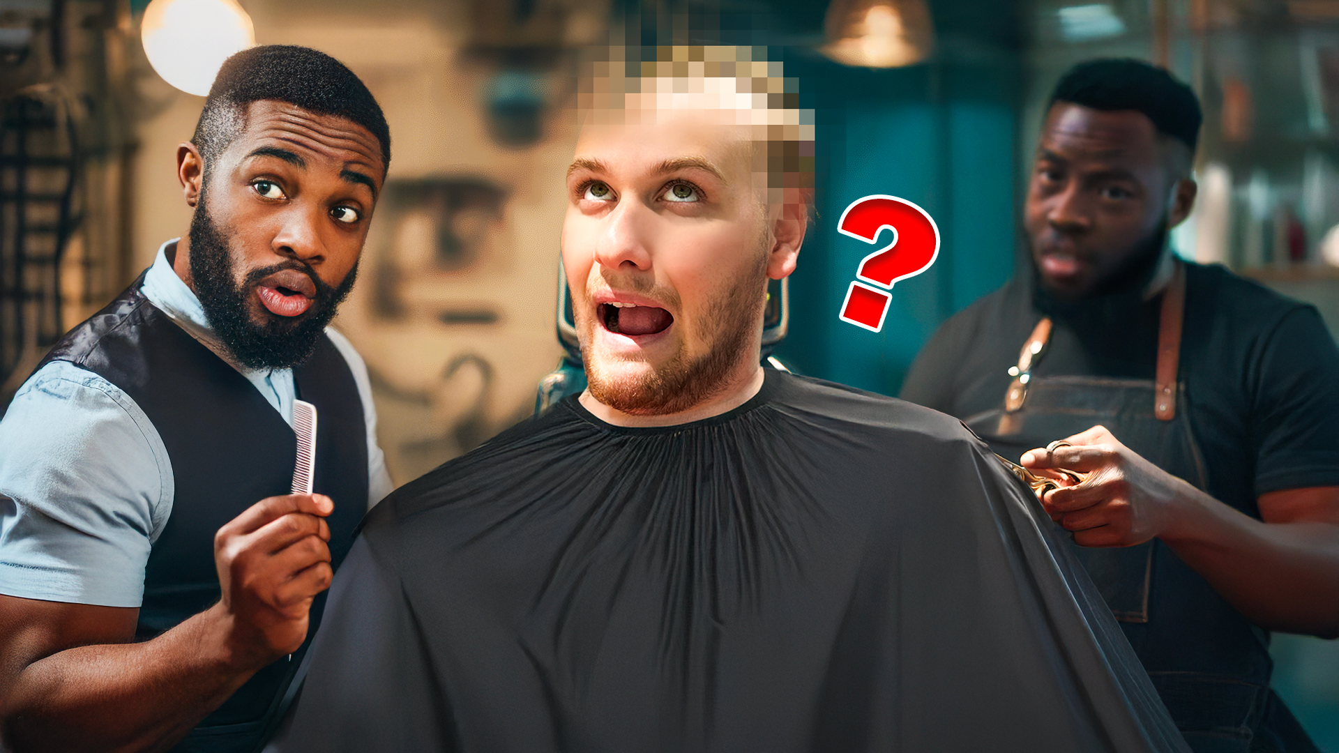 A man with a surprised expression sitting in barber's chair, with two barbers cutting his hair, one holding scissors and the other holding a comb.