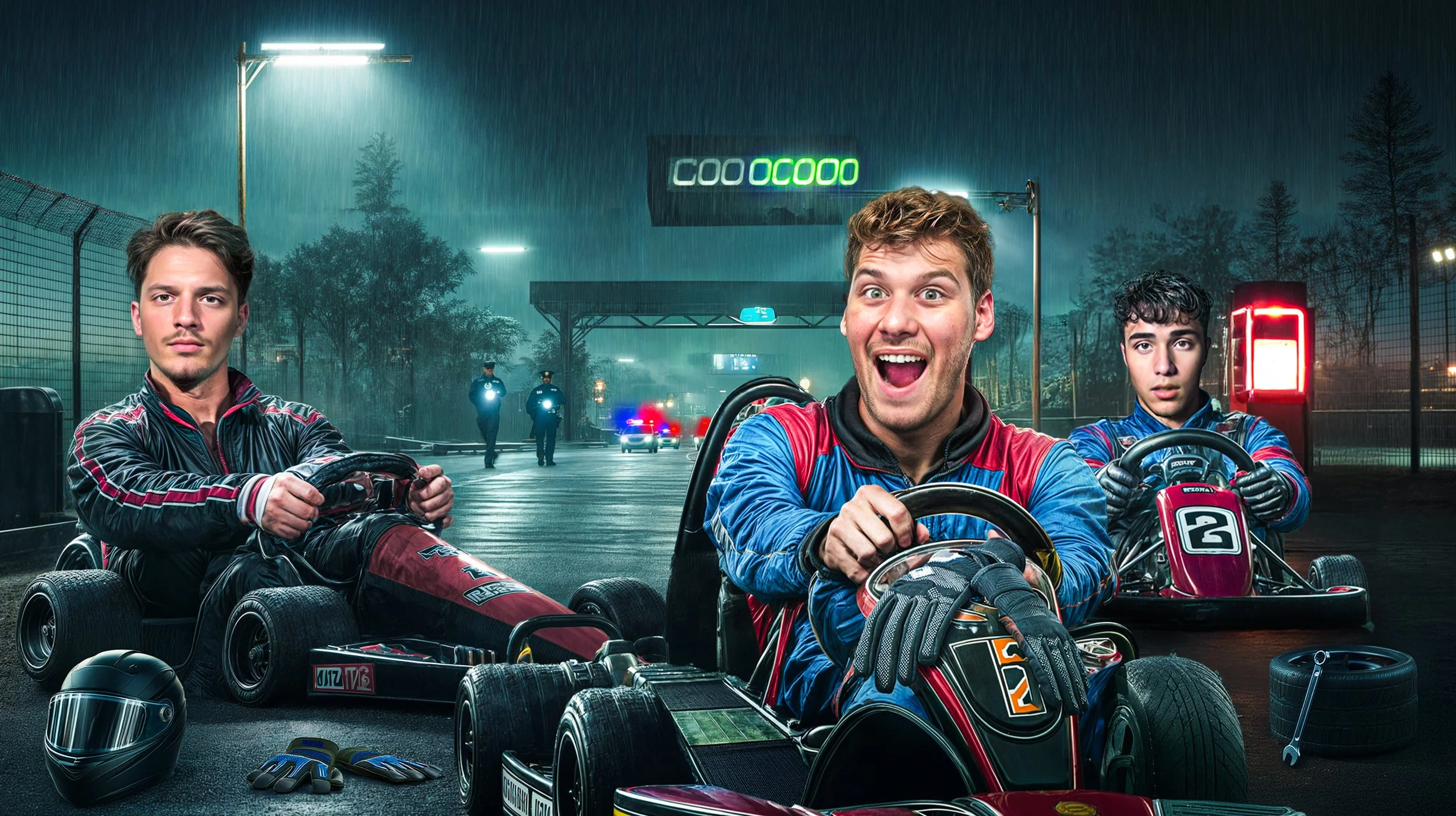Three young men in racing helmets and suits sitting in go-karts on a wet race track at night with police lights flashing in the background.