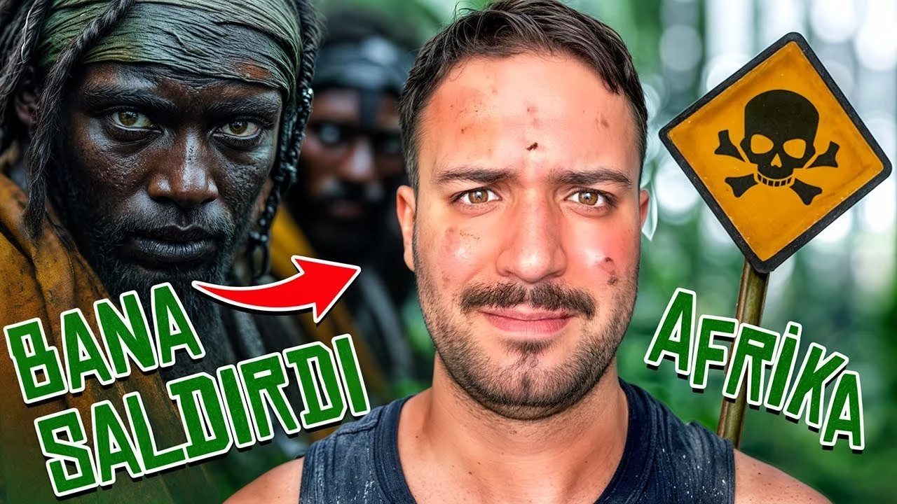 Photo of a young man with dirt on his face, holding a warning sign with a skull and crossbones, surrounded by African men in a jungle setting. Text overlay reads 'BANA SALDIRDI AFRIKA' and an arrow pointing at one of the men.
