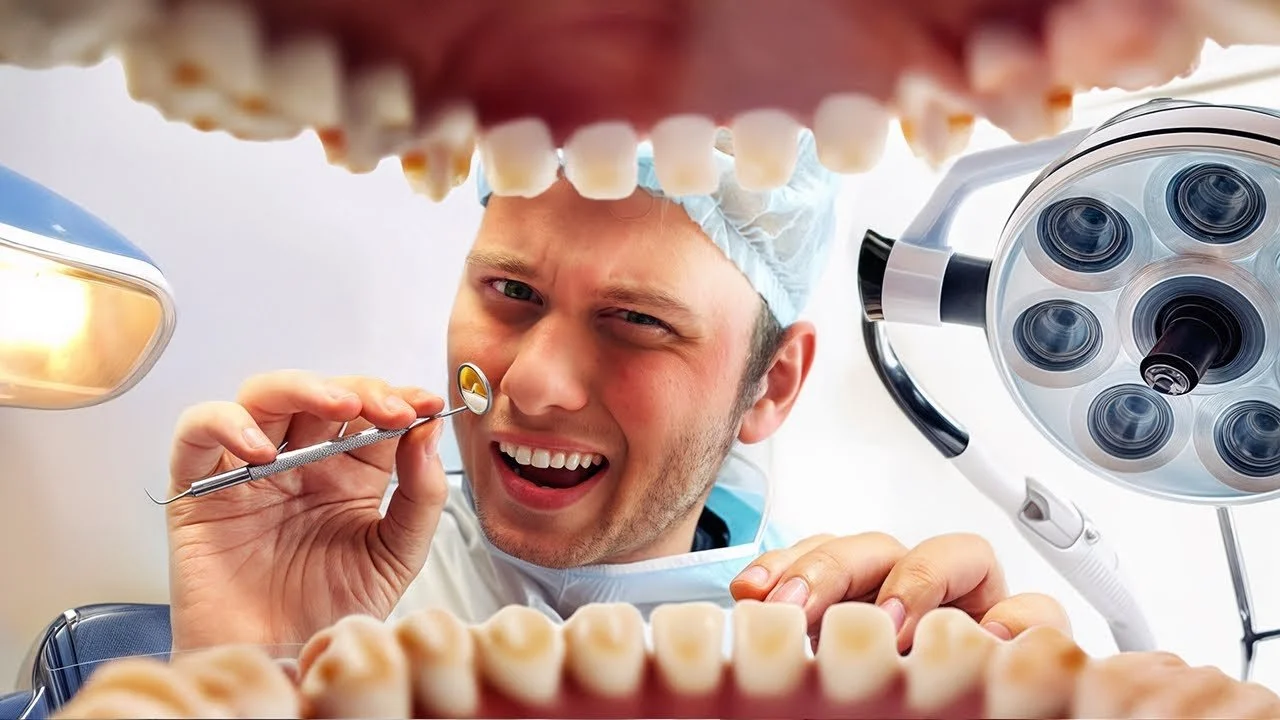 Dentist examining a patient's mouth during a dental procedure.