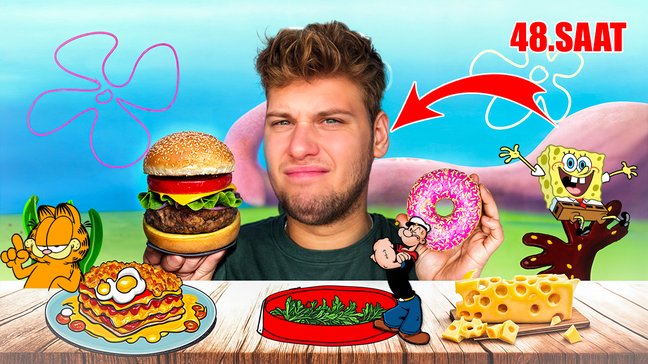 A man holding a large hamburger in his right hand and a pink frosted donut with sprinkles in his left hand, with cartoon characters from Spongebob Squarepants and Garfield around him, a plate of lasagna, and a wedge of cheese on a wooden table. The b