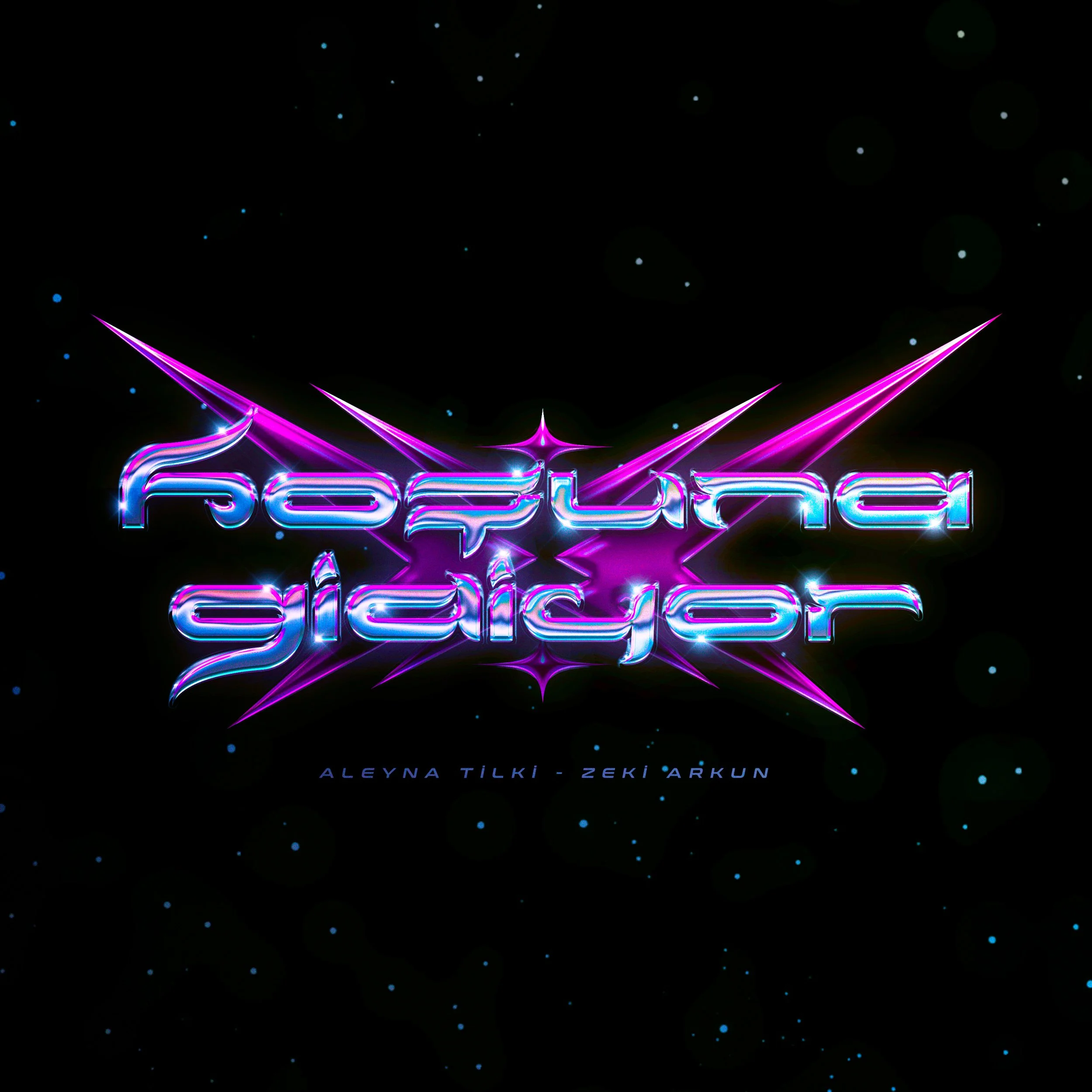 Futuristic neon logo saying 'Royalty Disruptor' in purple and blue with stars in the background and names 'Alyena Tilki - Zeki Arkun' below.