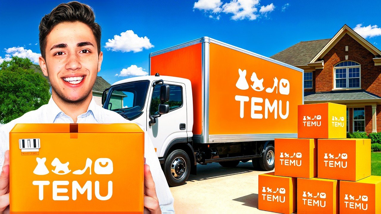 Young man holding an orange box in front of a delivery truck and stacked boxes, all branded with the TEMU logo, in front of a house.
