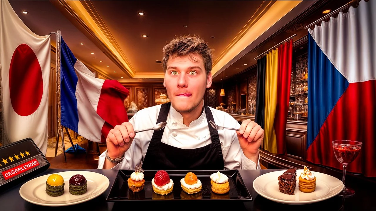 Young chef sitting at a table with assorted desserts in front, with flags of Japan, France, Russia, and Belgium in the background.