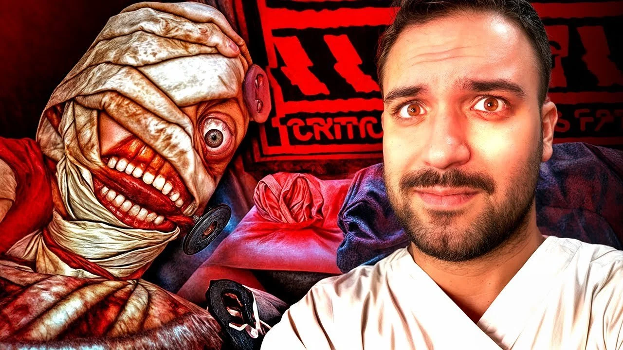A smiling man taking a selfie with a scary, mummy-like creature with a single eye and large teeth in the background.