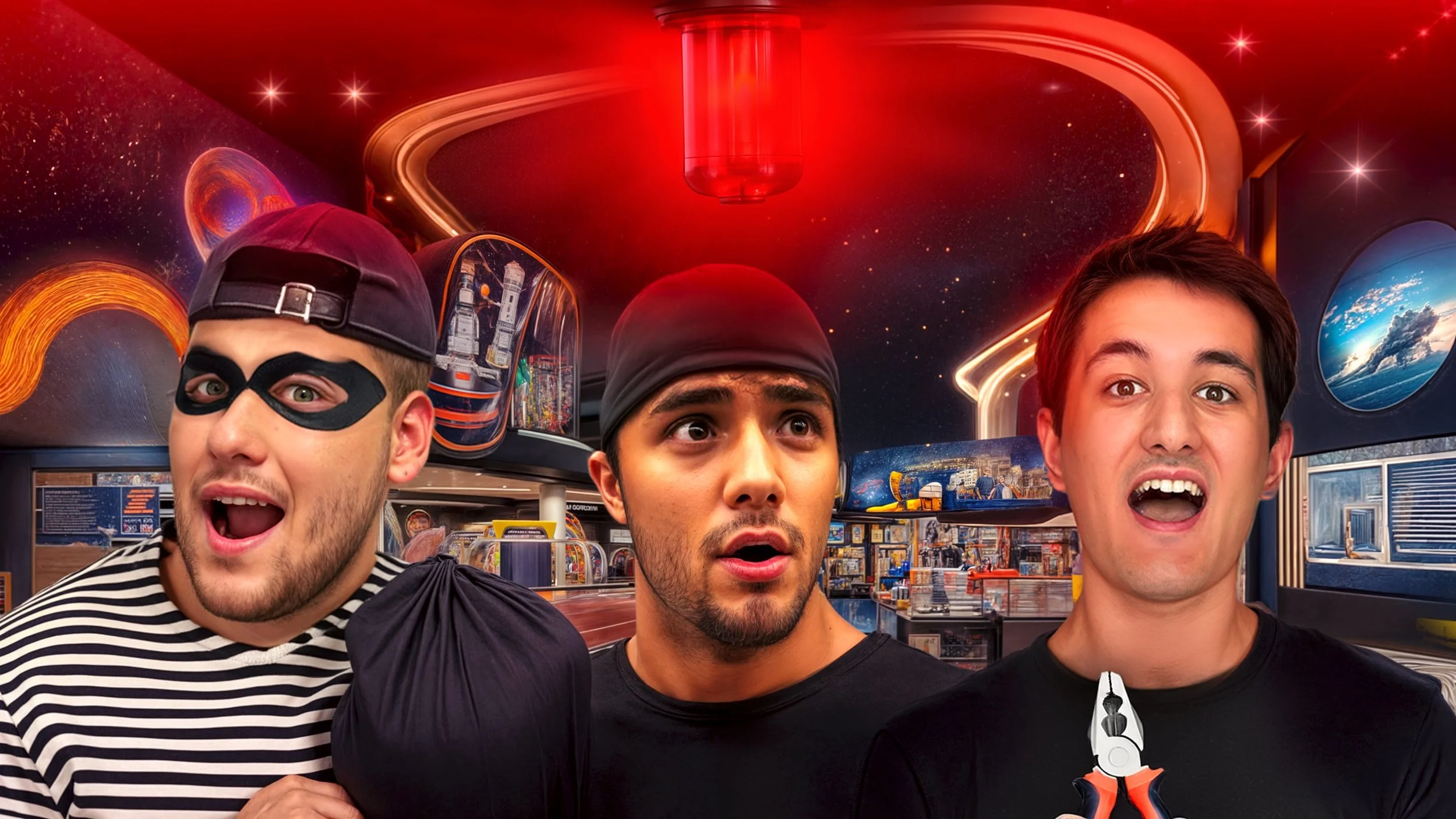 Three young men standing in a space-themed arcade, one wearing a striped shirt and a mask, holding a bag and surprised, the second with a black cap and a black head covering, also surprised, and the third with a black t-shirt and an open mouth, with 