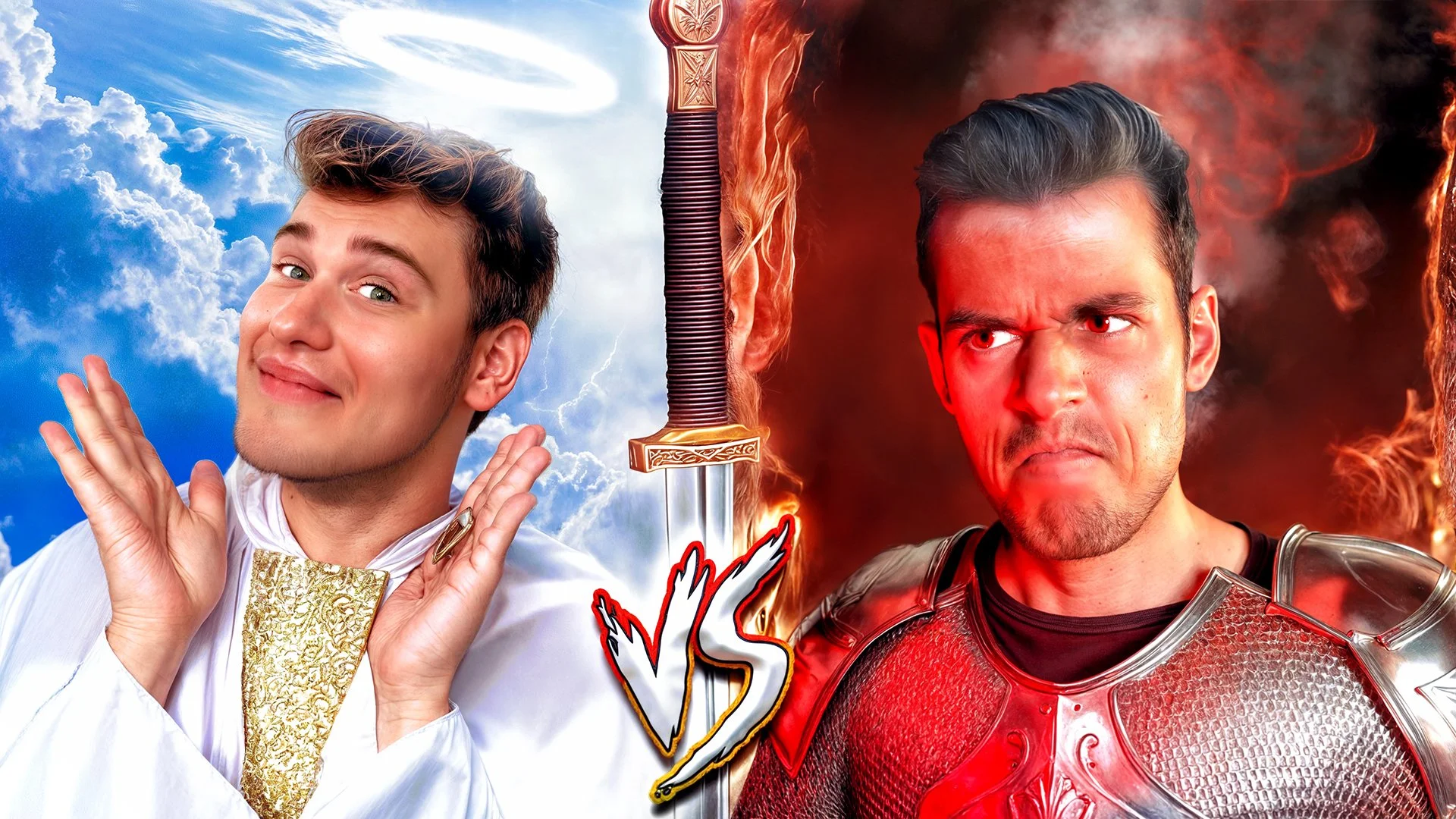 A split image with a cheerful young man dressed as a prince on the left, with a bright sky background, and a serious man in medieval armor on the right, with a fiery, smoky background. A sword with a flaming blade is positioned between them, with a V