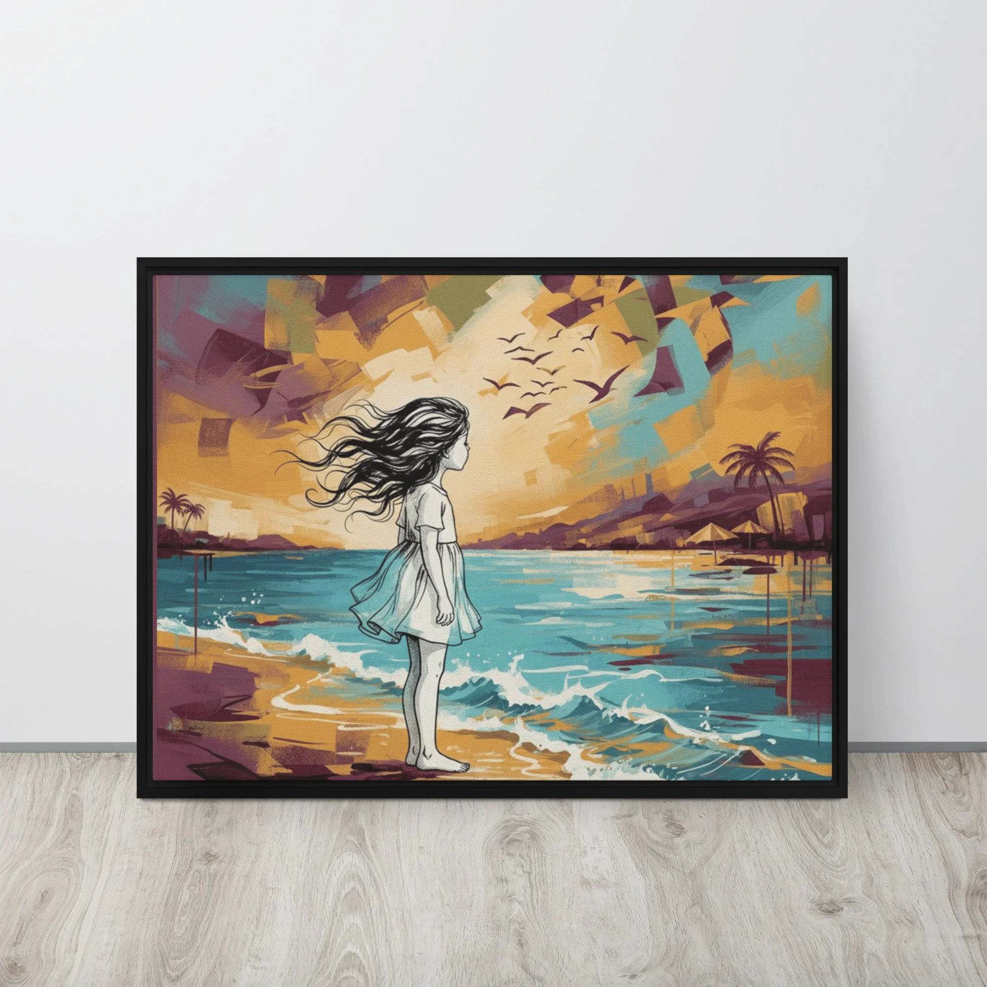 “Girl by the Blue Shore” — Minimalist Coastal  Framed Canvas (24''X32'')