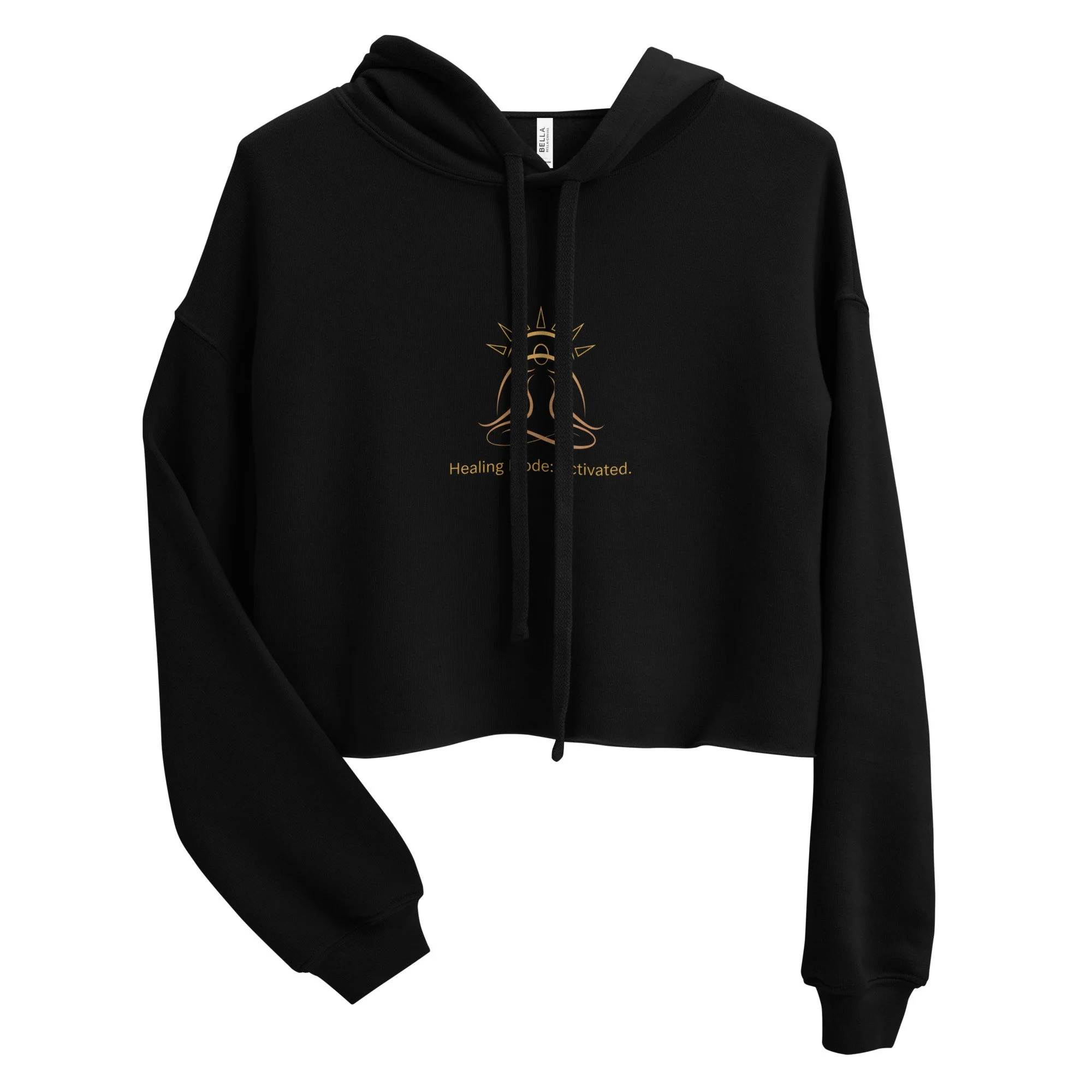 Women’s cropped hoodie in black shown from an angled front view highlighting the dropped shoulder and cropped silhouette.