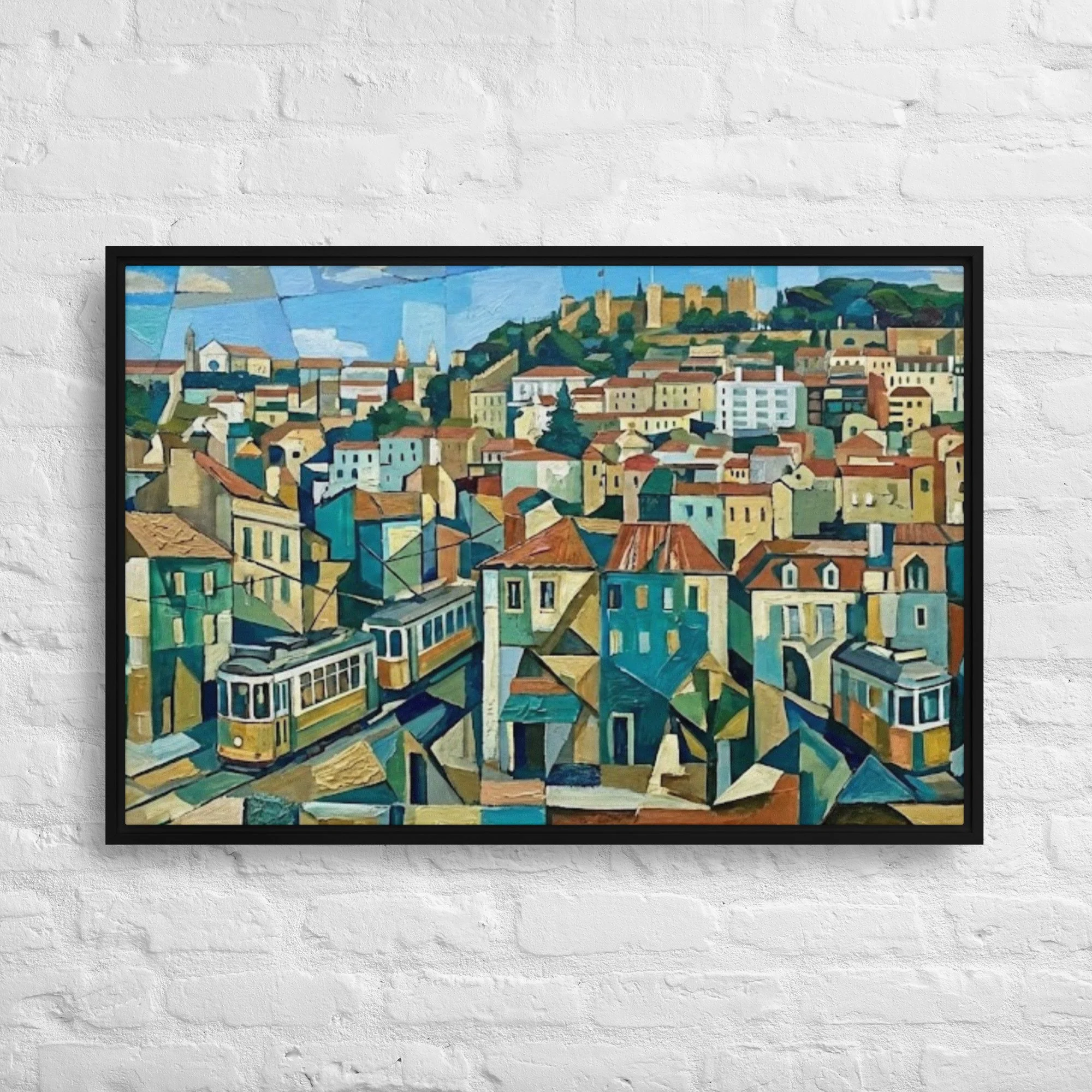 Mediterranean Horizon: Abstract Coastal Village Framed Floating Canvas
