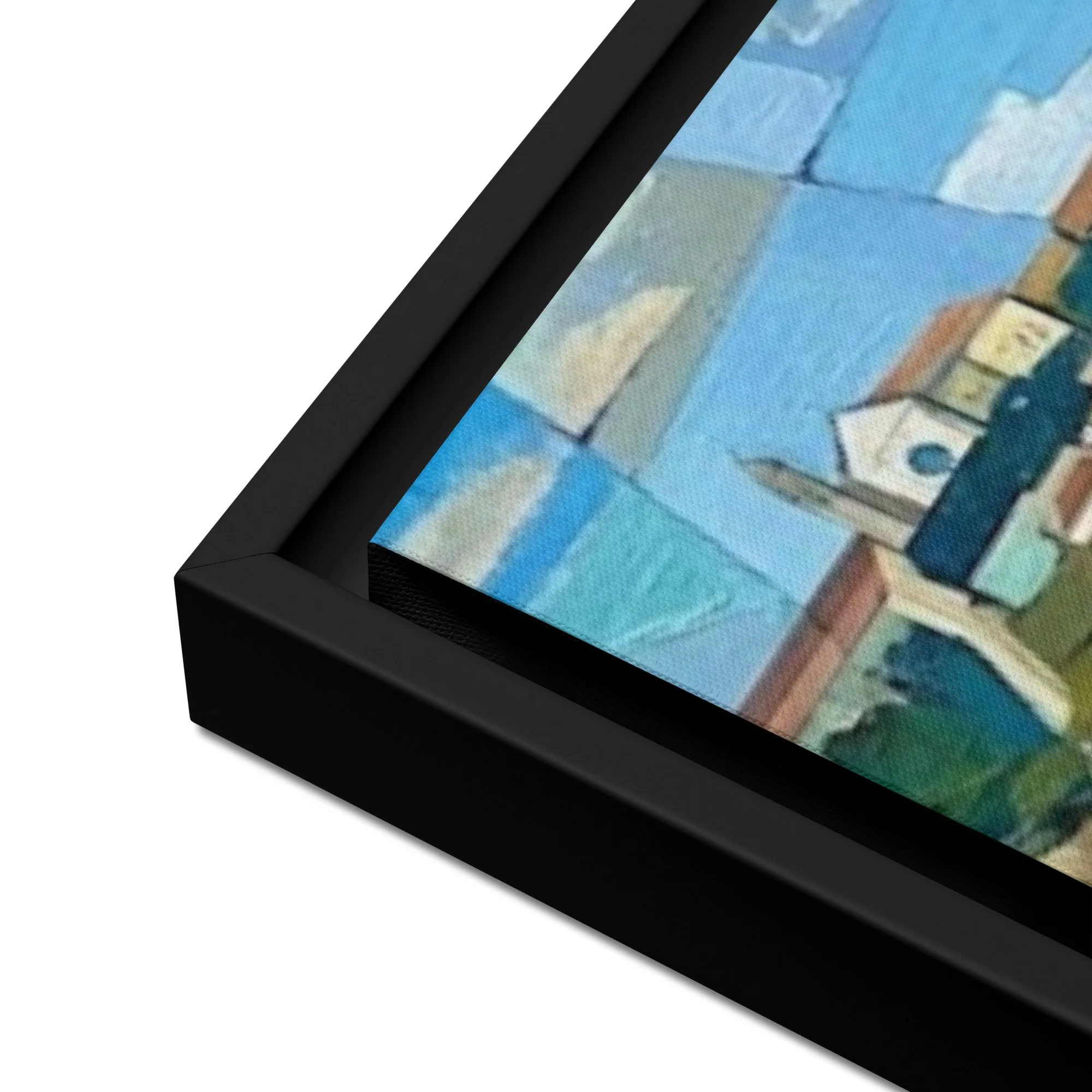 Mediterranean Horizon: Abstract Coastal Village Framed Floating Canvas