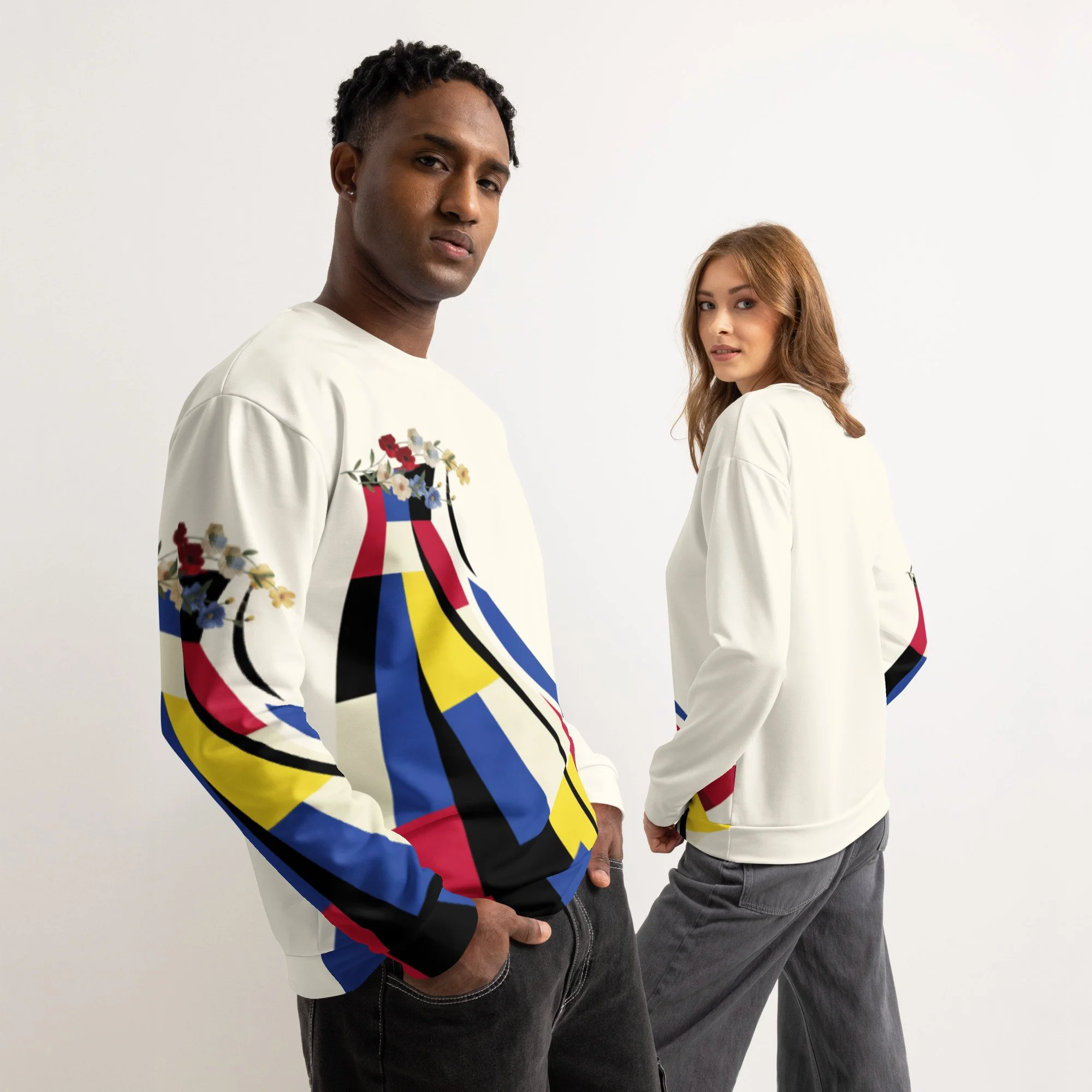 Male and female models wearing the MoodScape Canvas Art Streetwear sweatshirt, styling the oversized geometric crewneck with casual street fashion