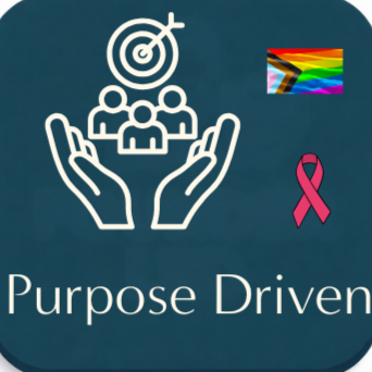 Illustration of hands holding a group of people with a target and arrow above, a rainbow flag, and a pink awareness ribbon, with the text "Purpose Driven".
