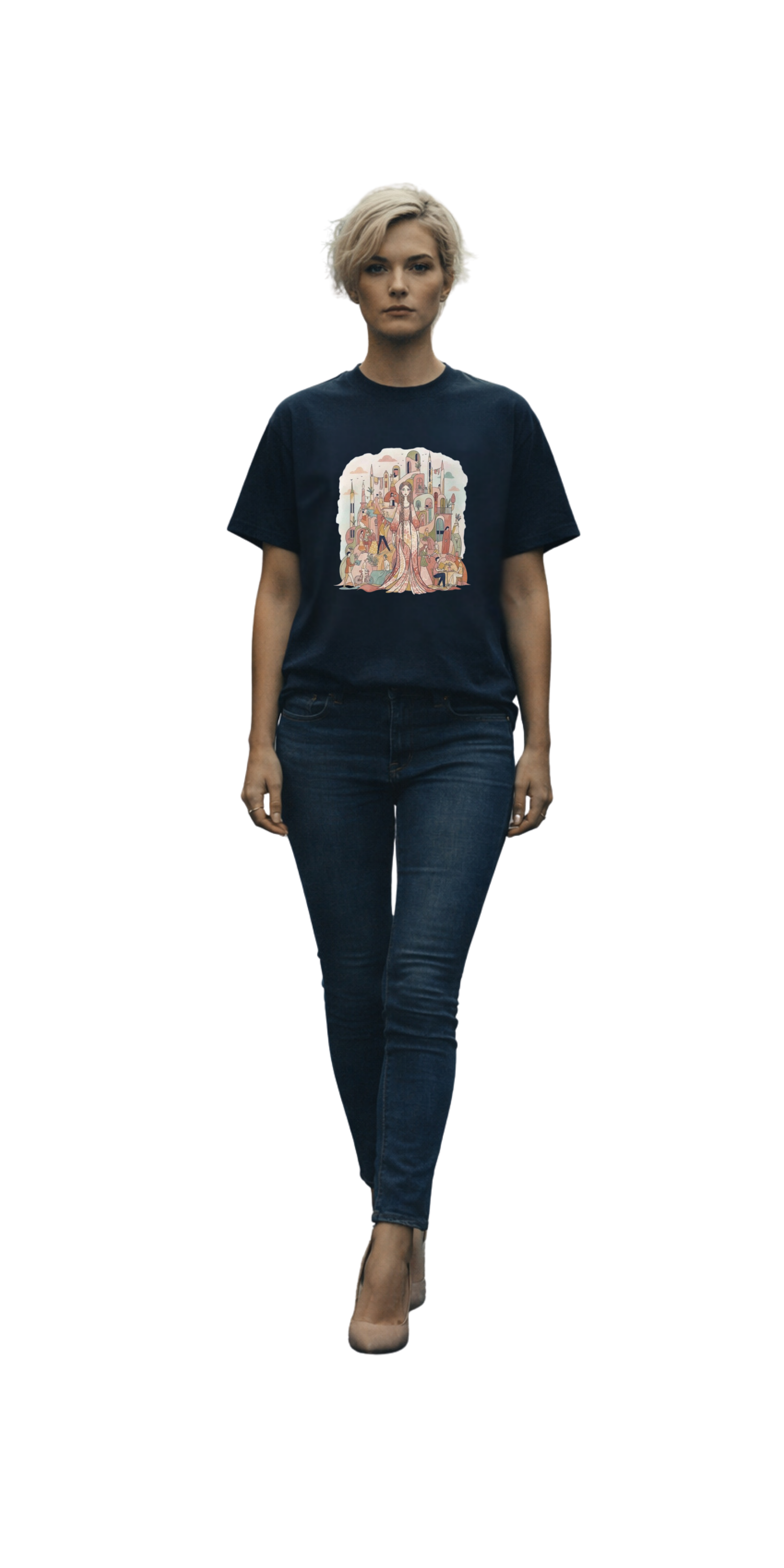 Model wearing Moodscape navy high neck t-shirt featuring an artistic illustration graphic on the chest