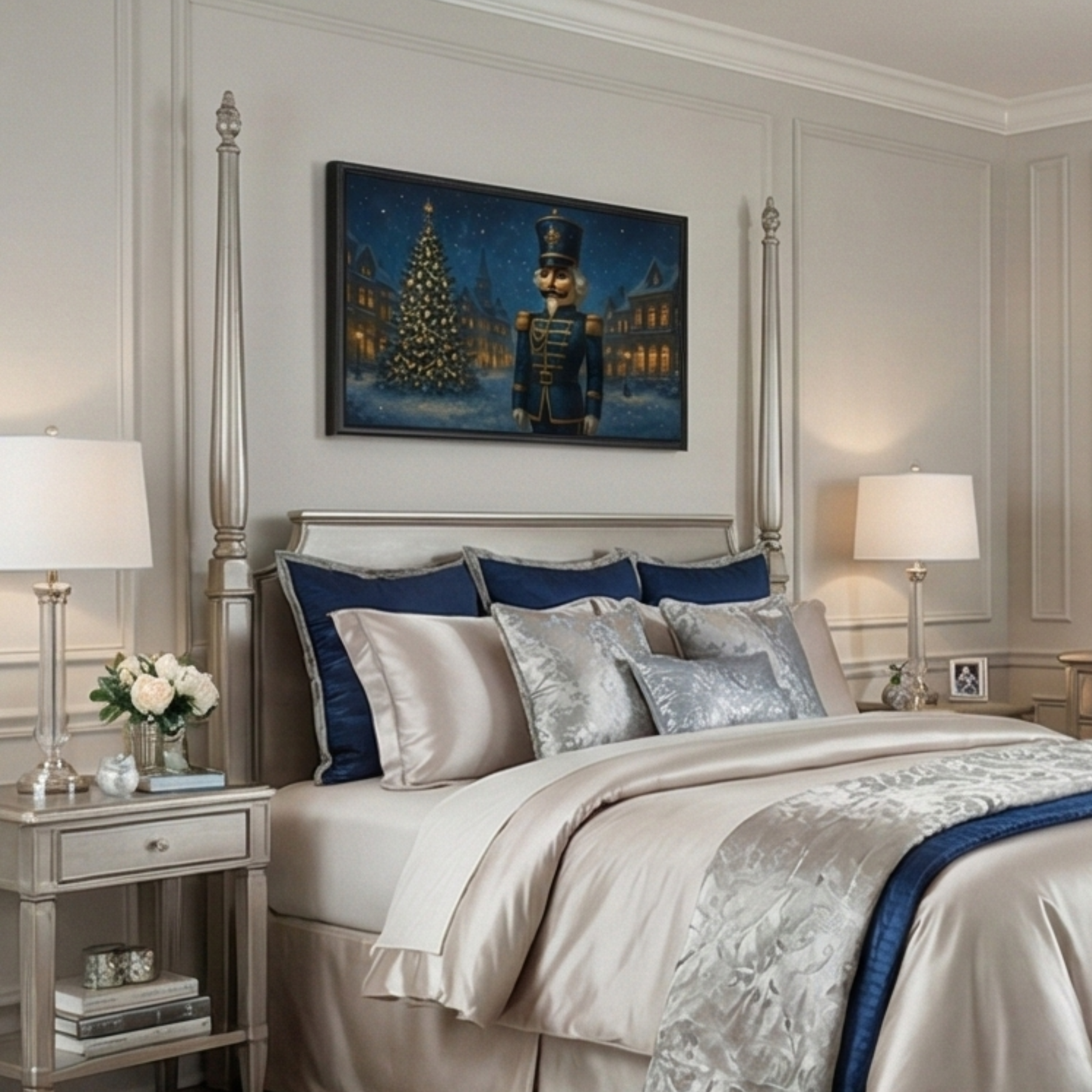 Refined bedroom with classic molding and elegant Christmas styling