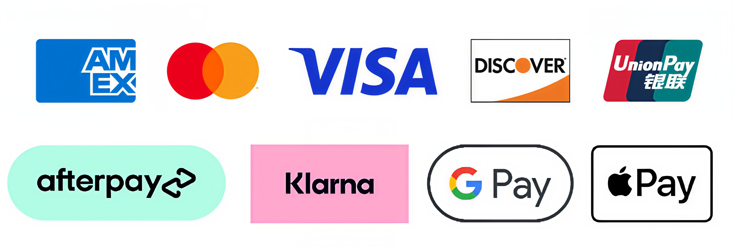Payment methods accepted include American Express, Mastercard, Visa, Discover, UnionPay, afterpay, Klarna, Google Pay, and Apple Pay.