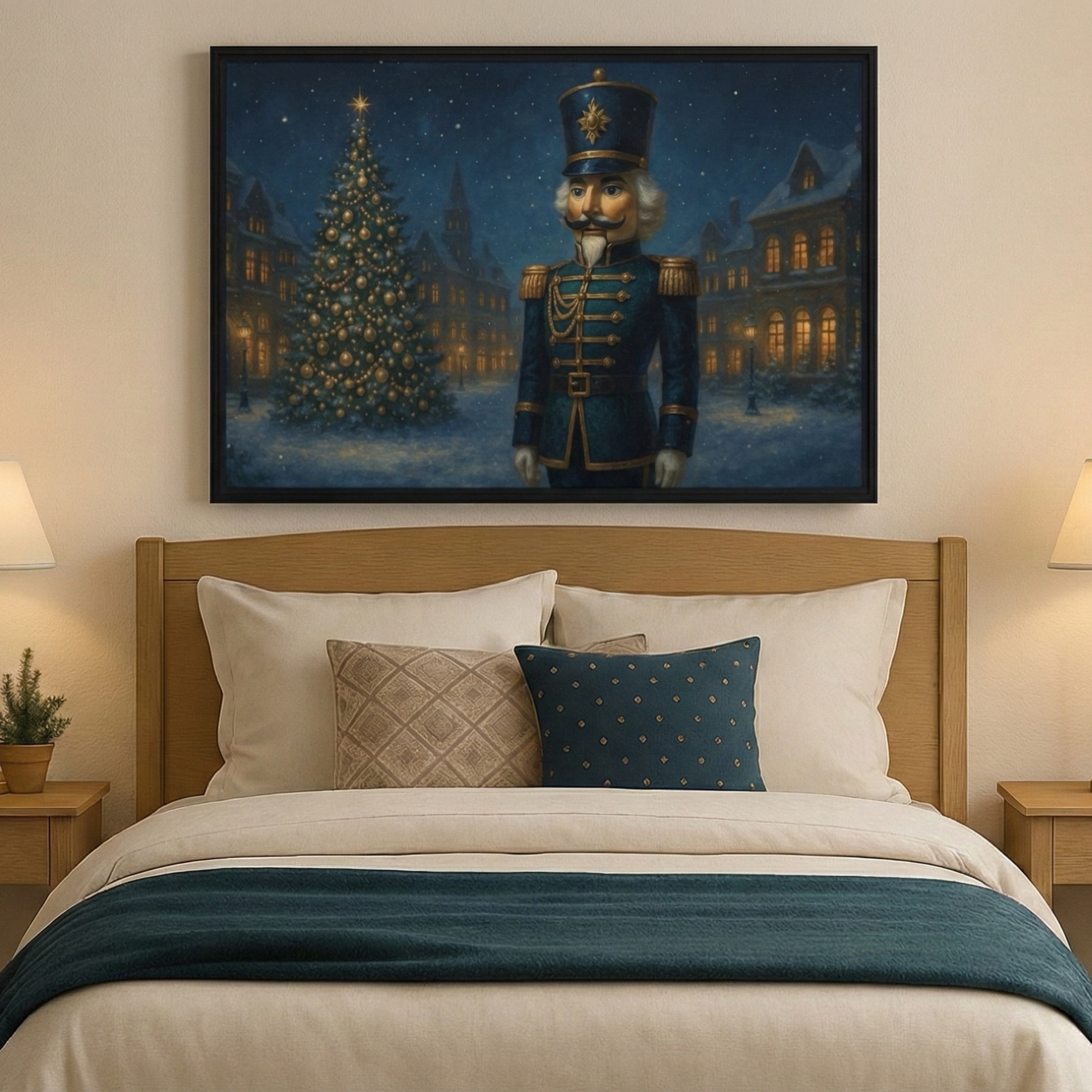 Clean bedroom with neutral tones and minimal holiday styling