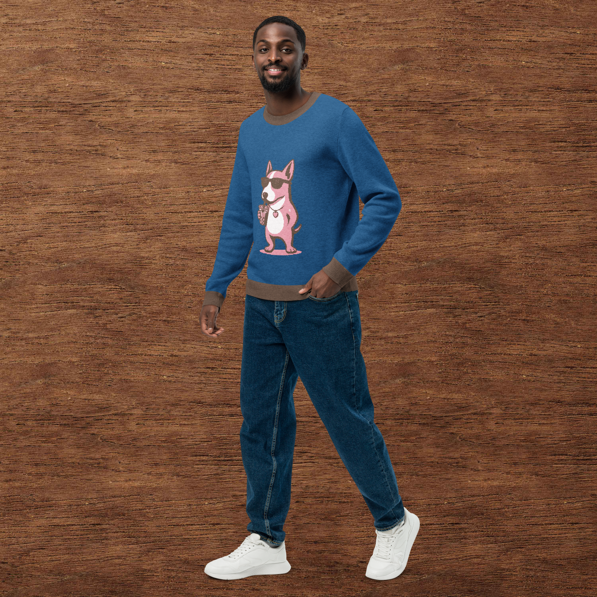 Knitted Crew Neck Sweater: Mini Bullterrier in Pink & Boba