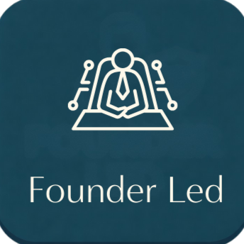 Logo with an abstract figure at a desk and the text 'Founder Led' on a dark blue background.