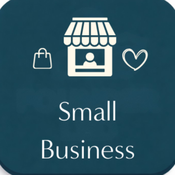 Small business icon with shopping bag, storefront with awning, and heart symbols on a teal background.
