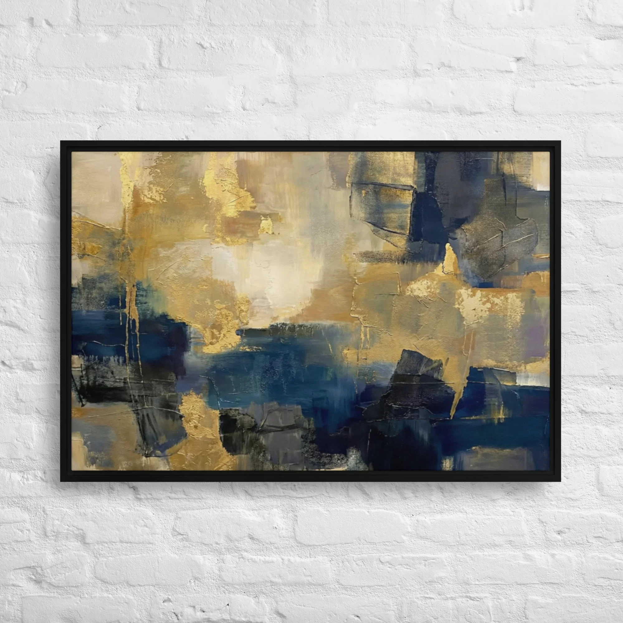 Azure Ambition:  Framed Canvas Wall Art | Textured Navy & Gold Abstract Design